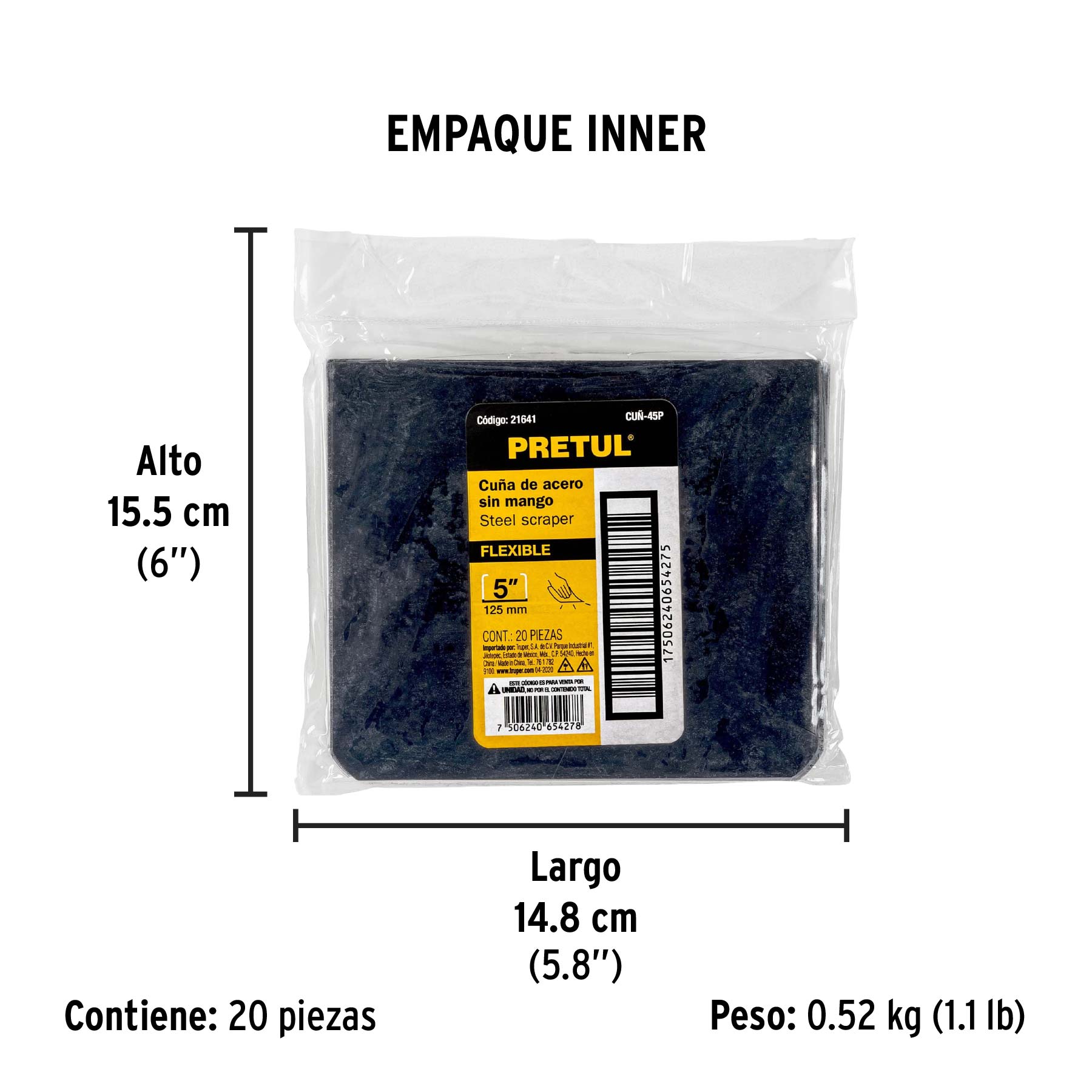 Cuña de 4" x 5" sin mango, bolsa con 20 piezas, PRETUL - Empaque