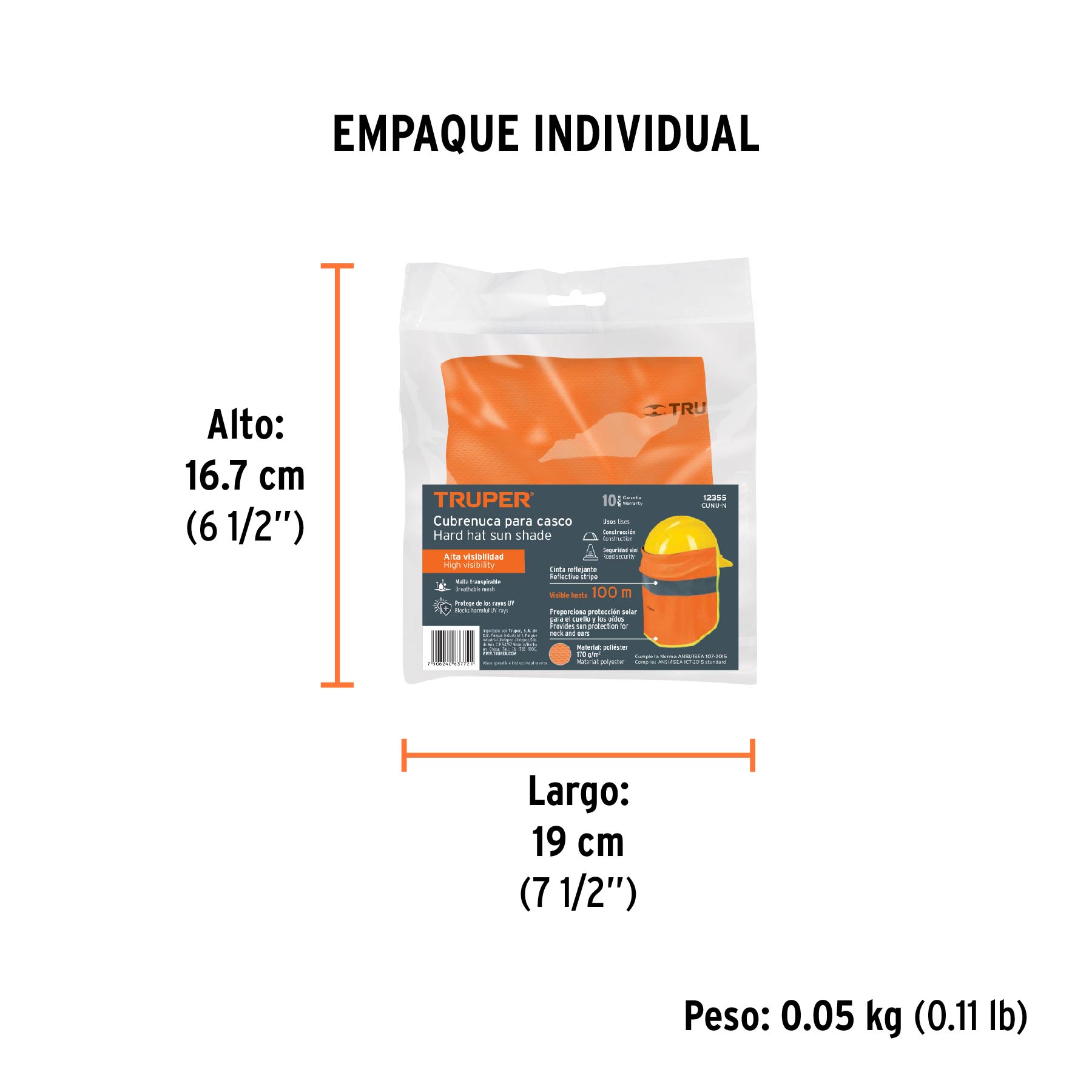 Cubrenuca para casco, naranja con reflejante, TRUPER - Empaque