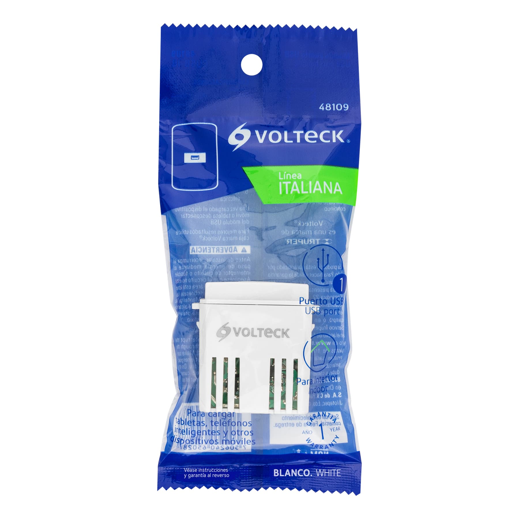 Módulo puerto USB, línea Italiana, color blanco, VOLTECK