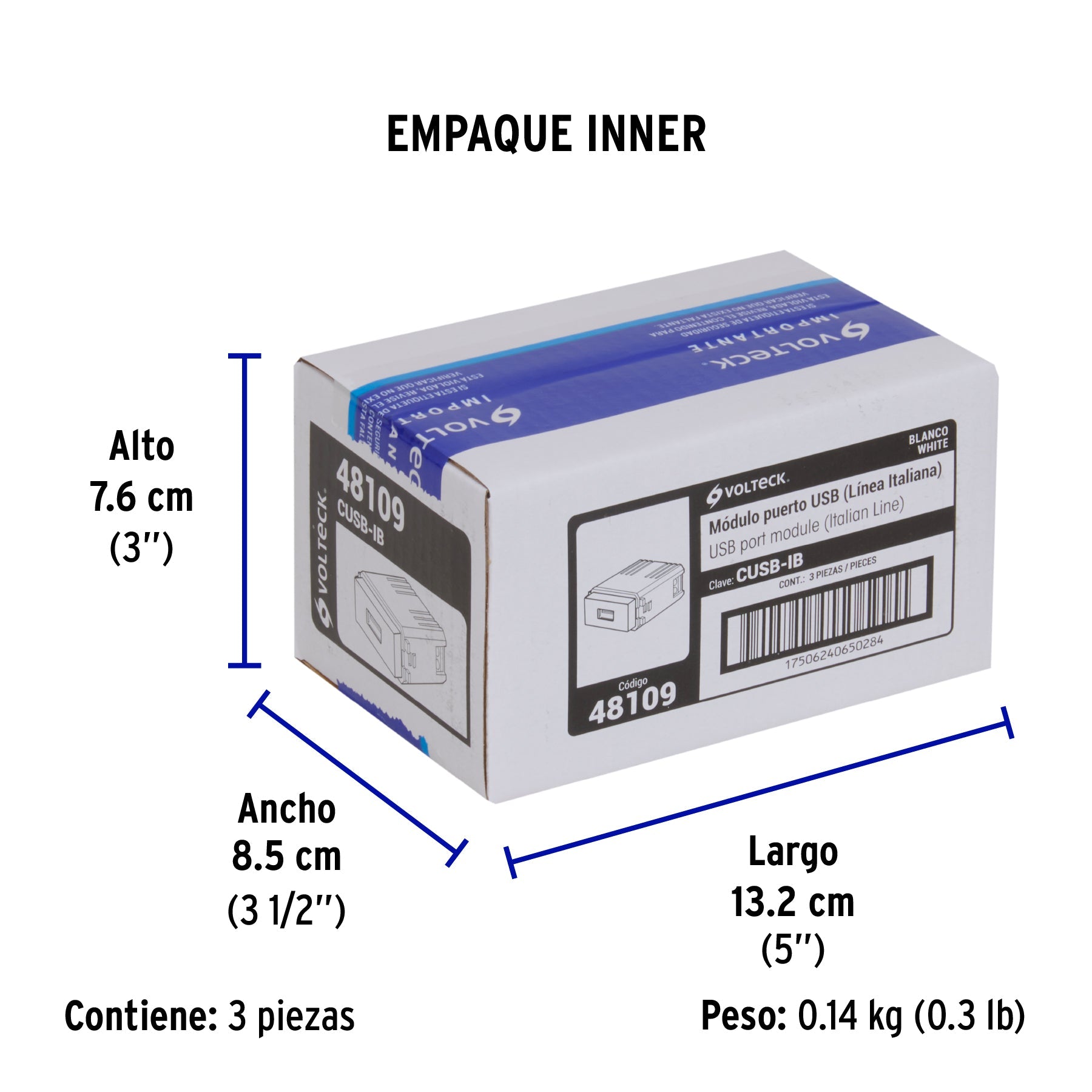Módulo puerto USB, línea Italiana, color blanco, VOLTECK - Empaque