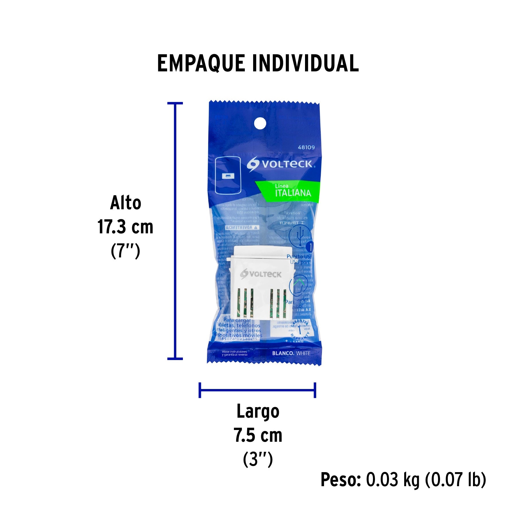 Módulo puerto USB, línea Italiana, color blanco, VOLTECK - Empaque