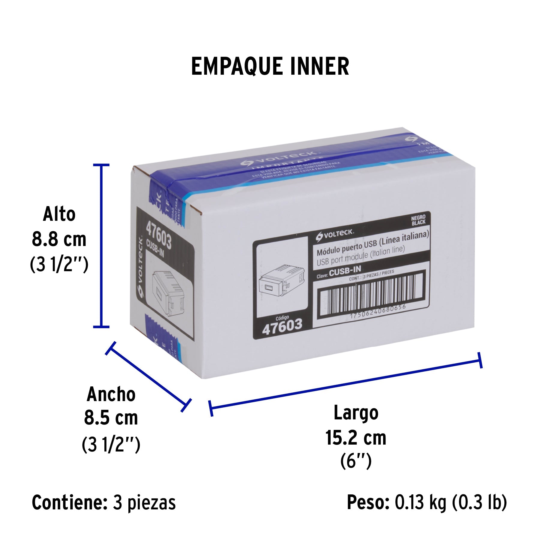 Módulo USB, línea Italiana, color negro, VOLTECK - Empaque