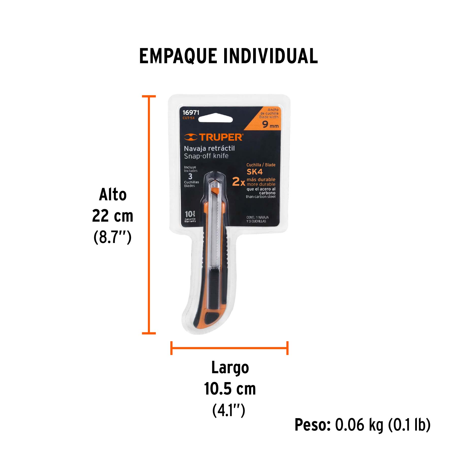 Cutter 9 mm profesional con alma metálica y grip, TRUPER - Empaque