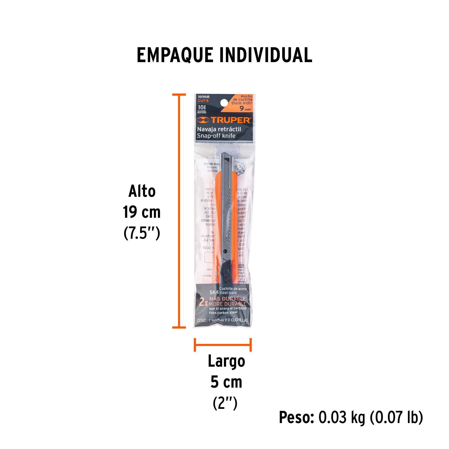 Cutter 9 mm reforzado de plástico con alma metálica, TRUPER - Empaque