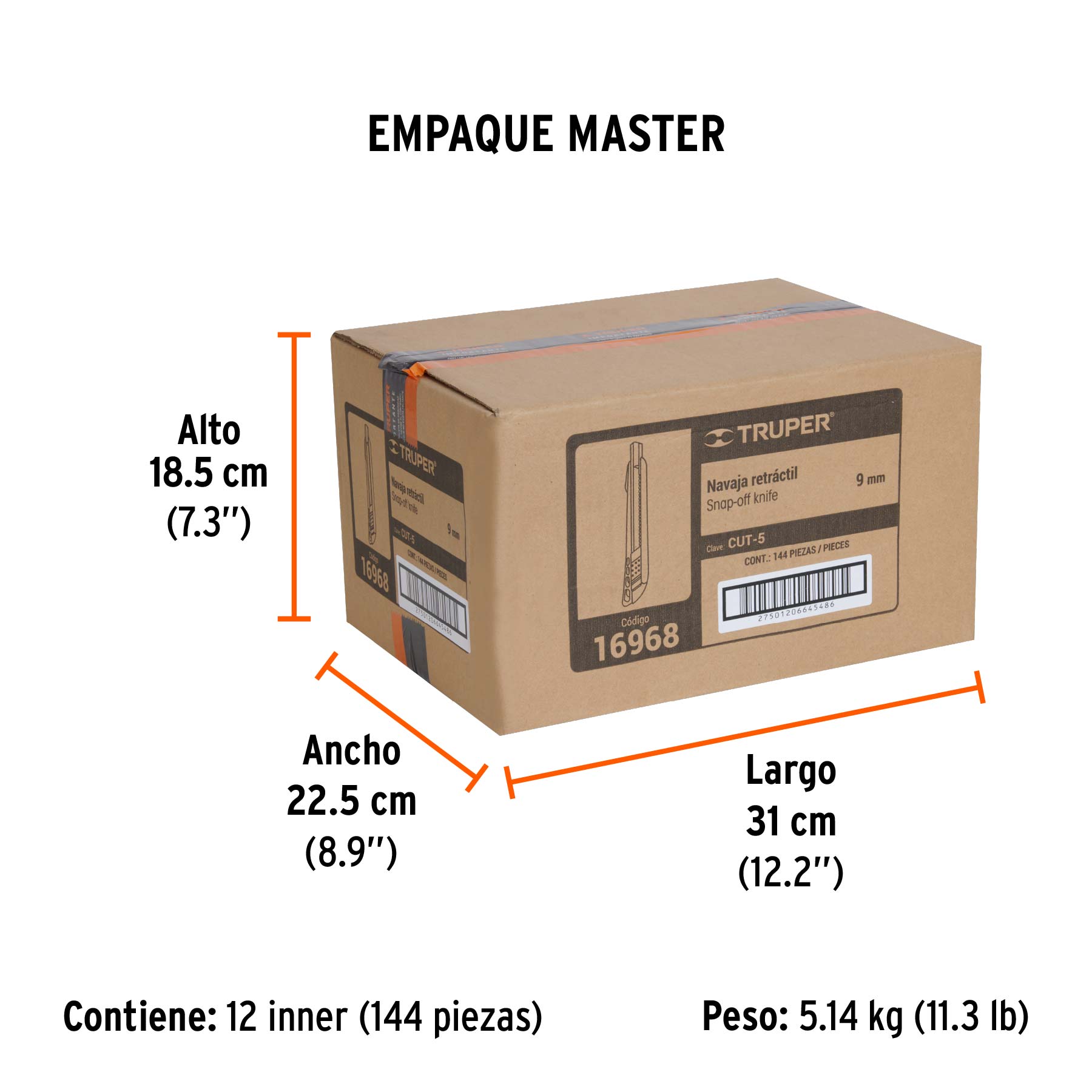 Cutter 9 mm reforzado de plástico con alma metálica, TRUPER - Empaque