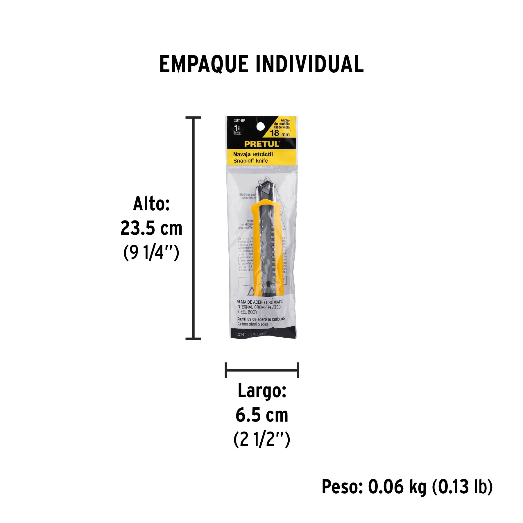 Cutter 18 mm plástico con alma metálica, PRETUL - Empaque