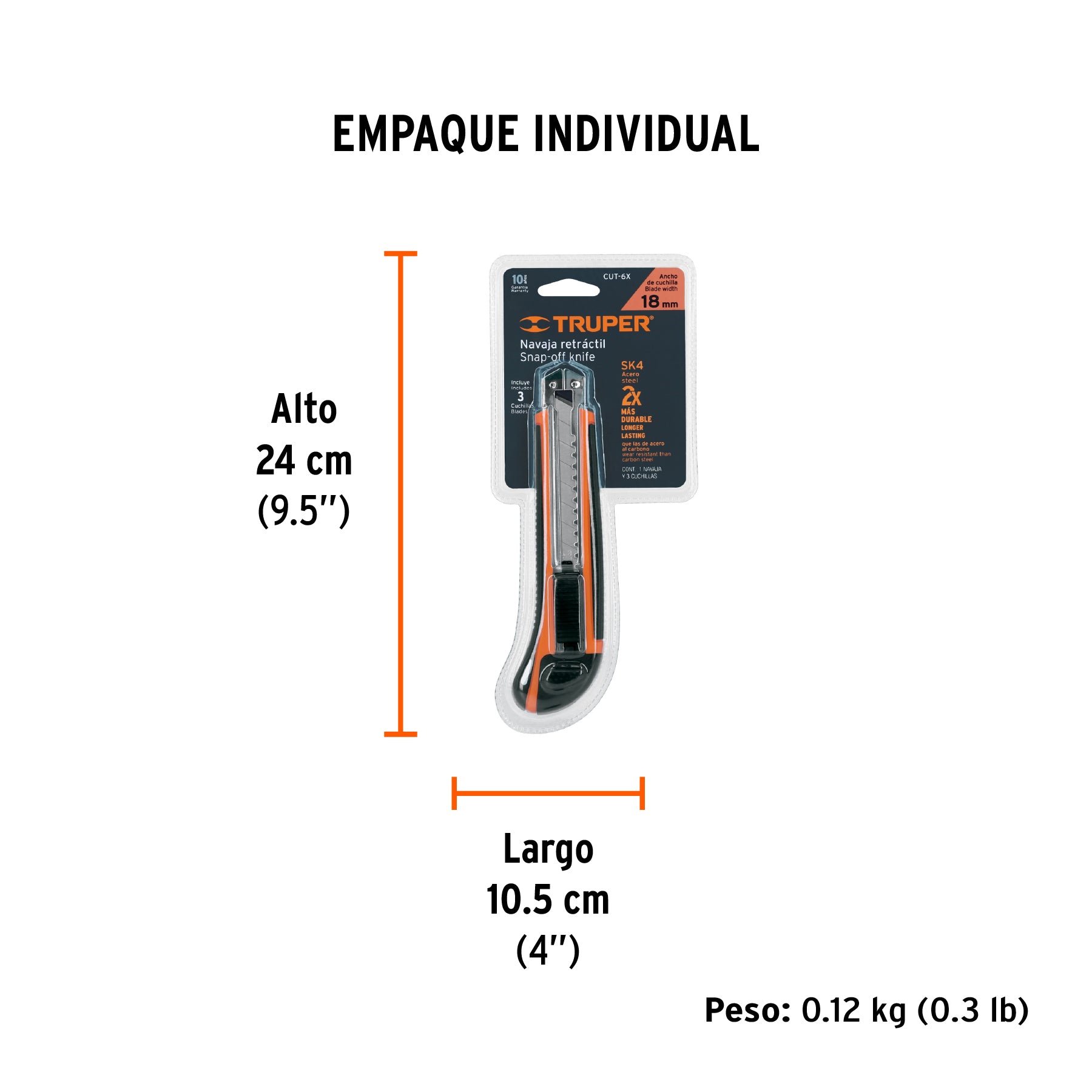Cutter 18 mm profesional con alma metálica y grip, TRUPER - Empaque