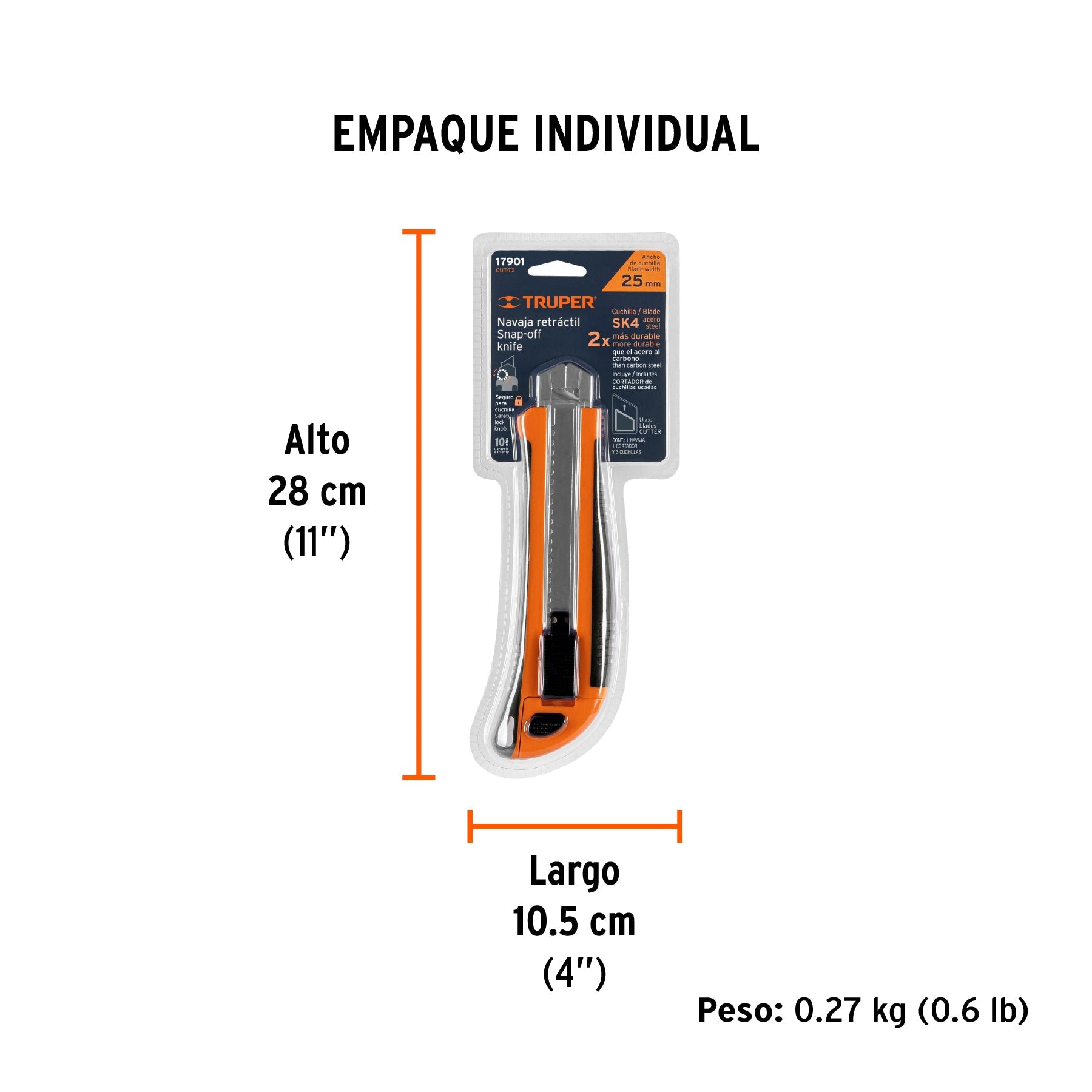 Cutter 25 mm profesional con alma metálica y grip, TRUPER - Empaque