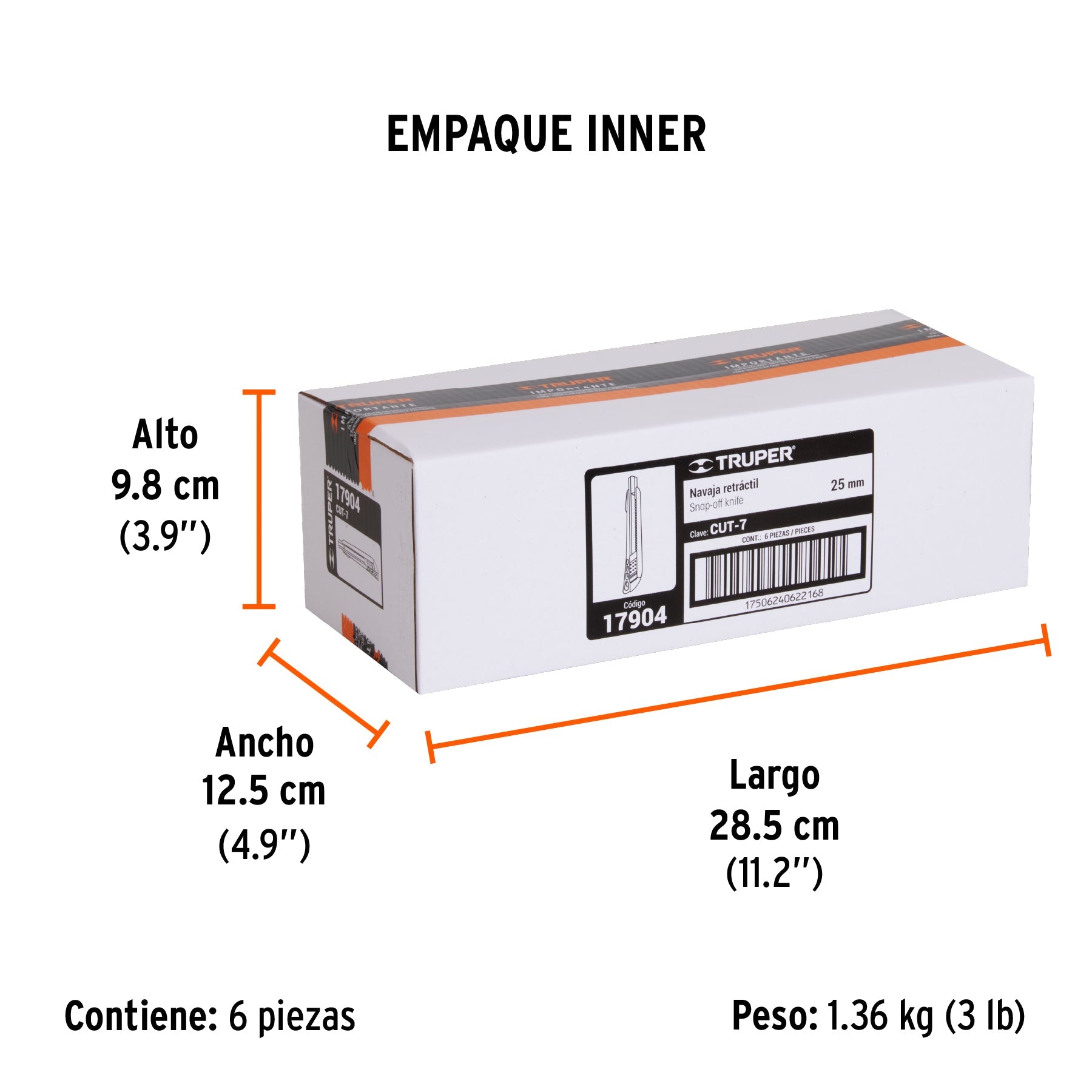 Cutter 25 mm reforzado de plástico con alma metálica, TRUPER - Empaque