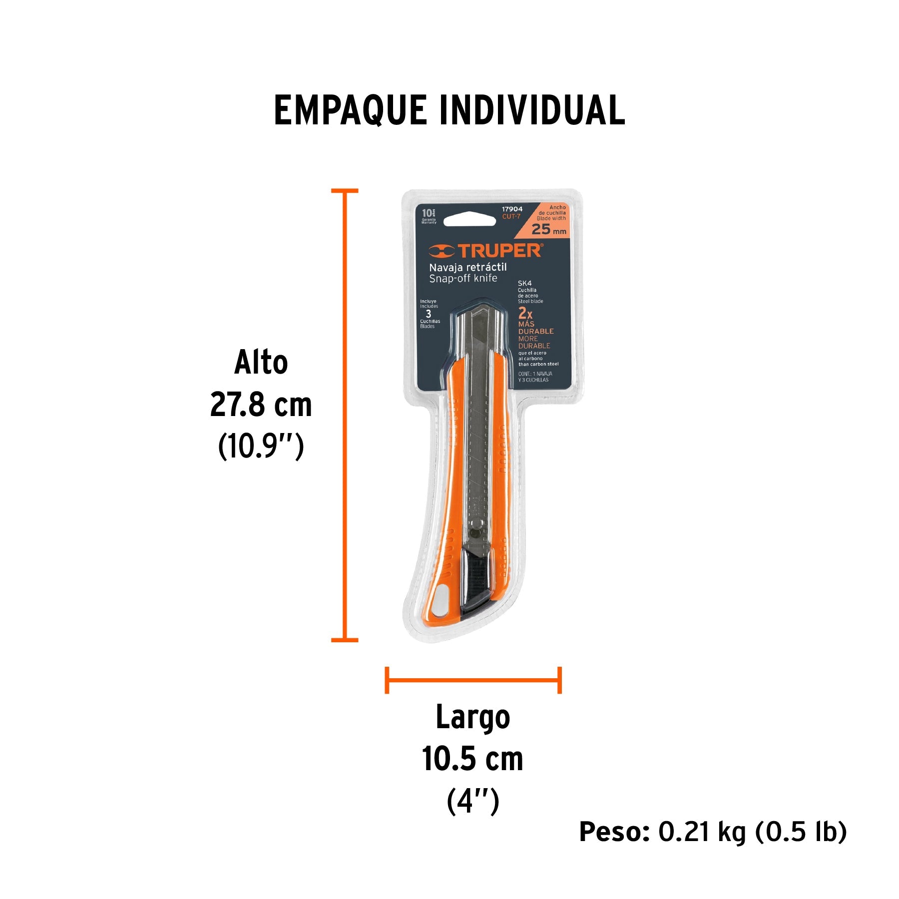Cutter 25 mm reforzado de plástico con alma metálica, TRUPER - Empaque