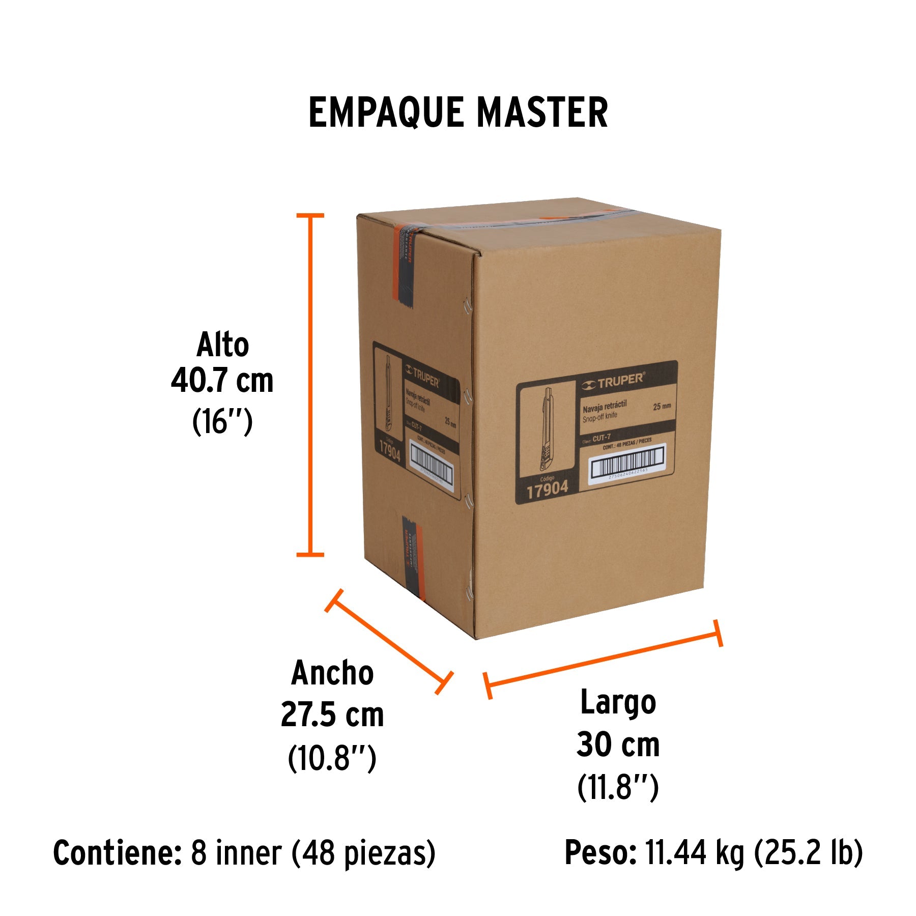 Cutter 25 mm reforzado de plástico con alma metálica, TRUPER - Empaque