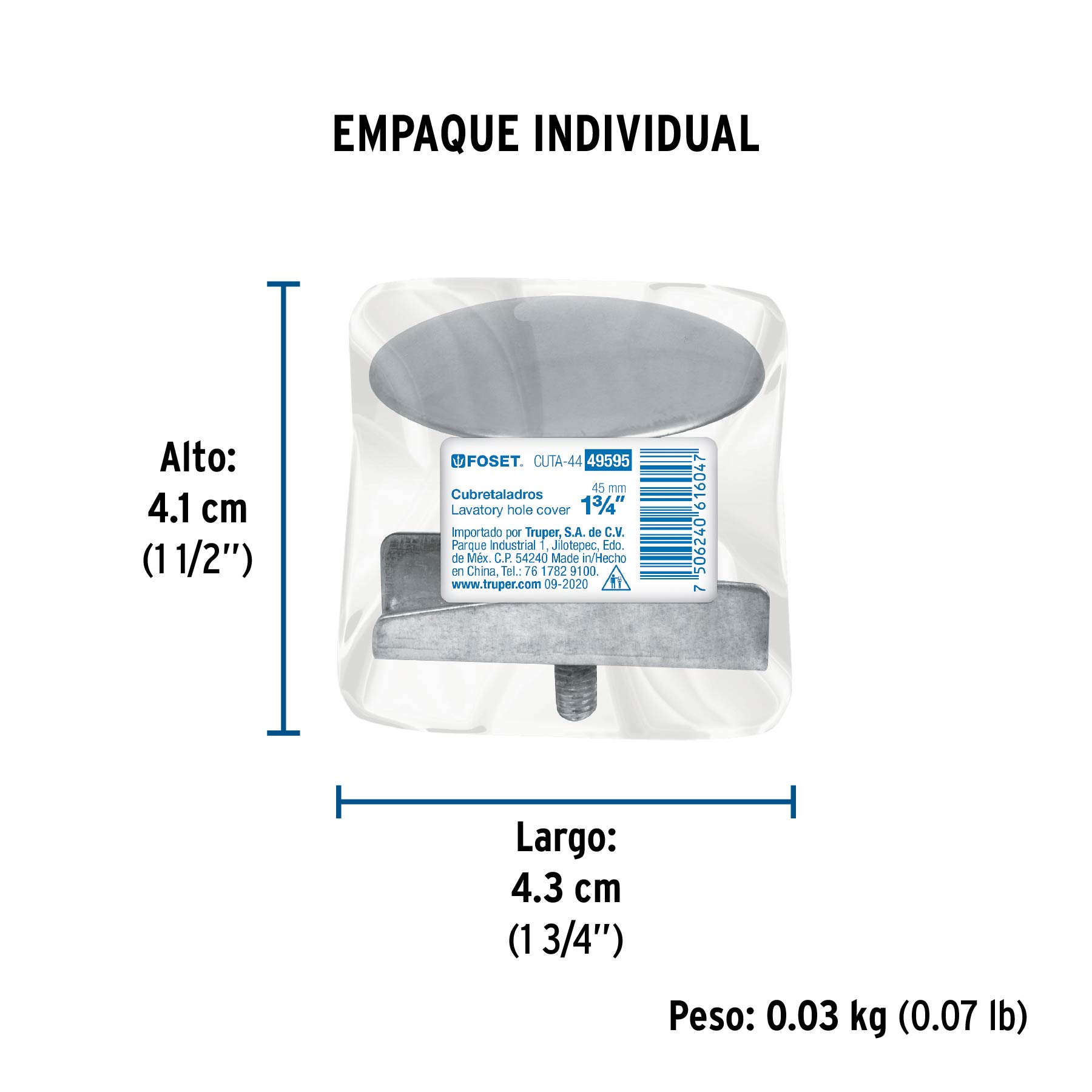 Cubretaladro de acero inoxidable 1-3/4" cromo, FOSET - Empaque