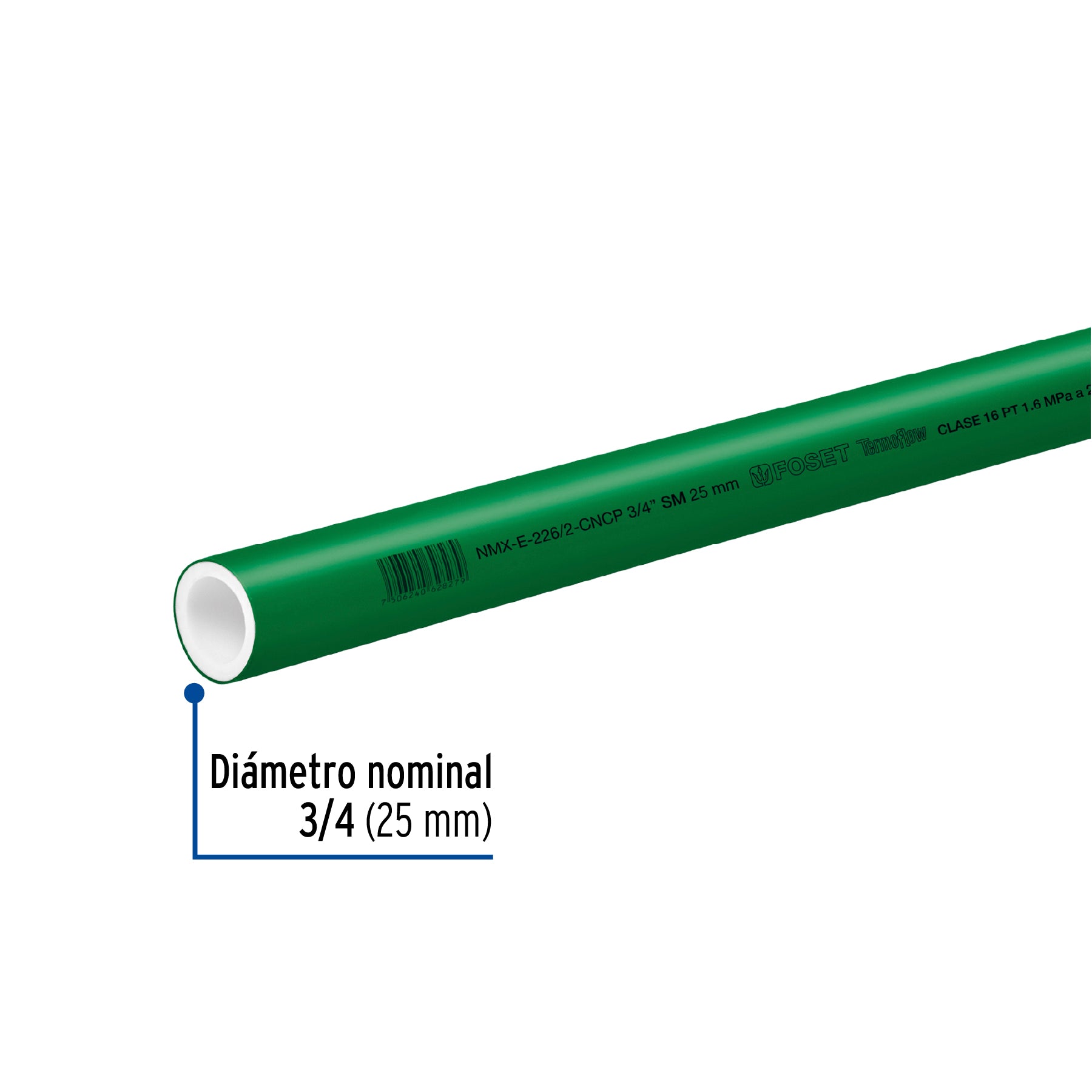 Tubo de 25mm (3/4") PPR hidráulico, 4m, 0.9kg, FOSET