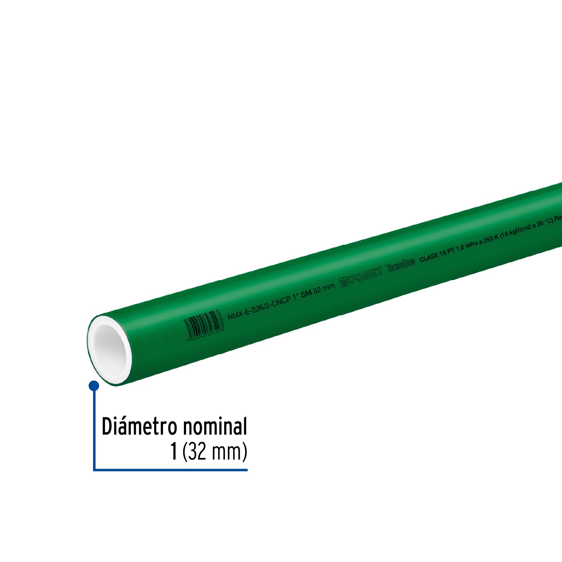 Tubo de 32mm (1") PPR hidráulico, 4m, 1.4kg, FOSET