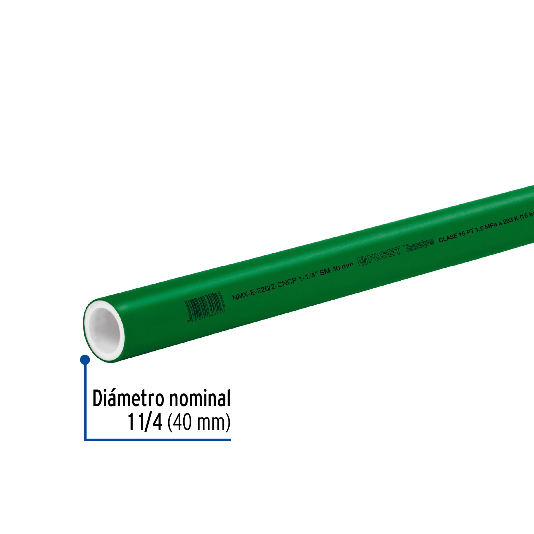 Tubo de 40mm (1-1/4") PPR hidráulico, 4m, 2.2kg, FOSET