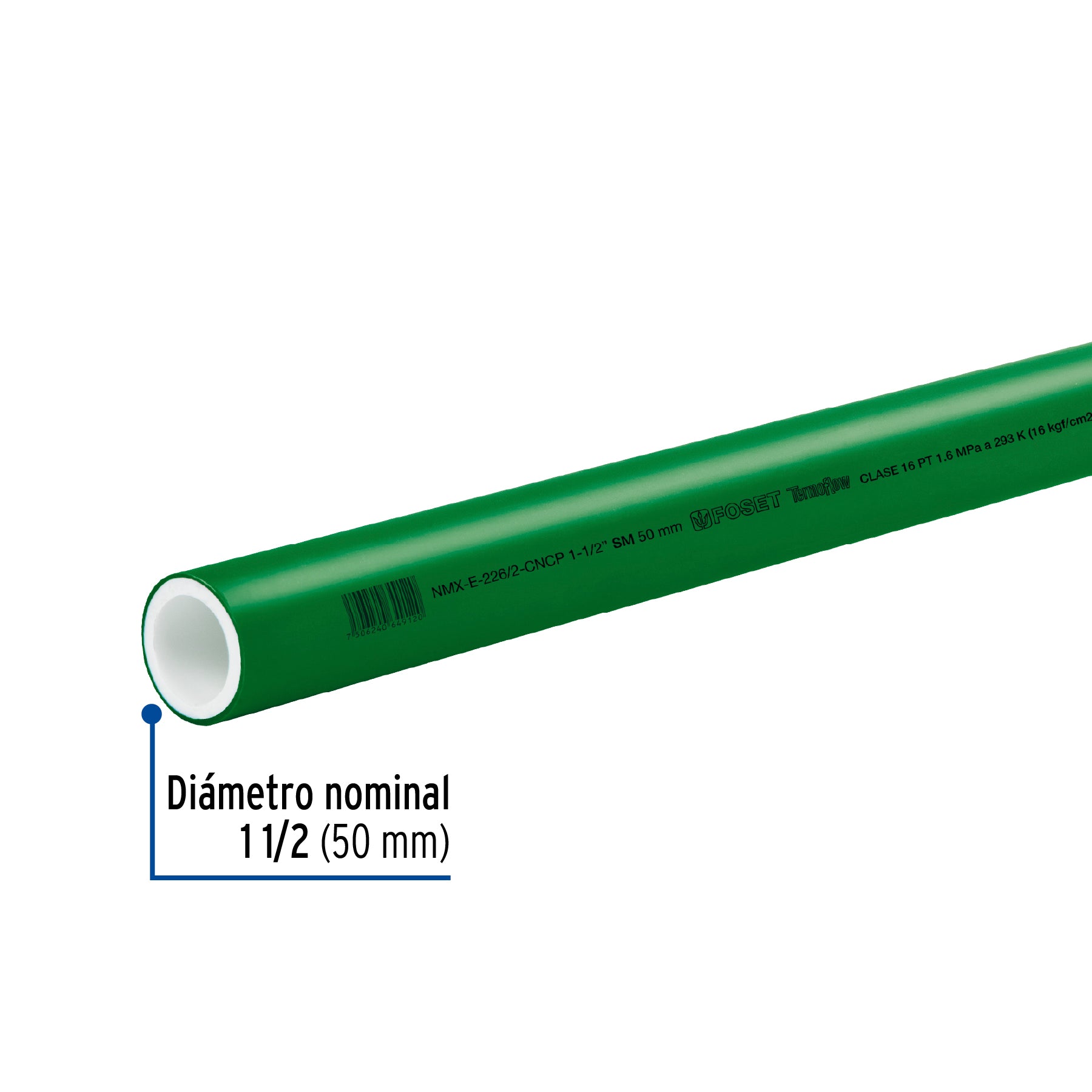 Tubo de 50mm (1-1/2") PPR hidráulico, 4m, 3.4kg, FOSET