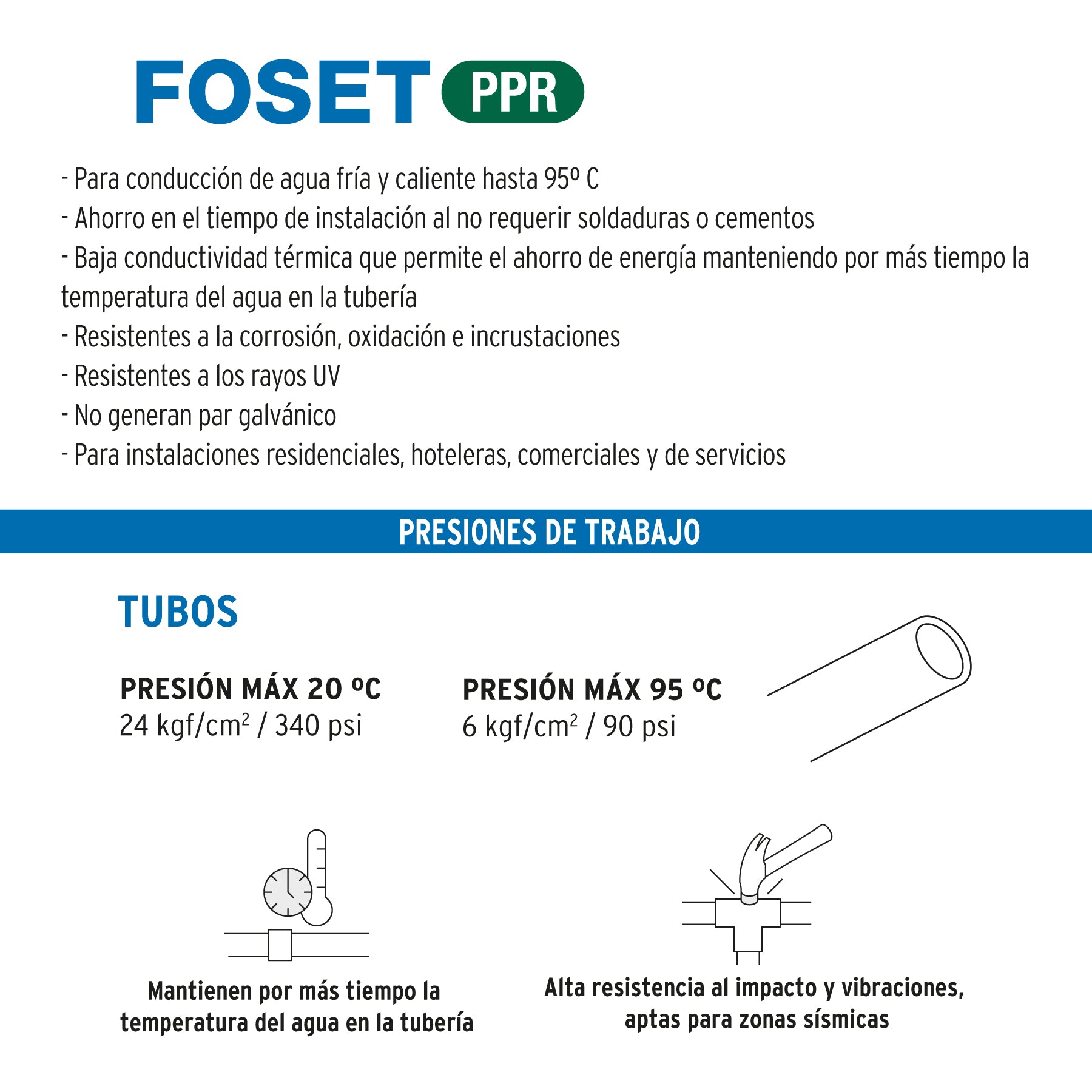 Tubo de 63mm (2") PPR hidráulico, 4m, 5.4kg, FOSET