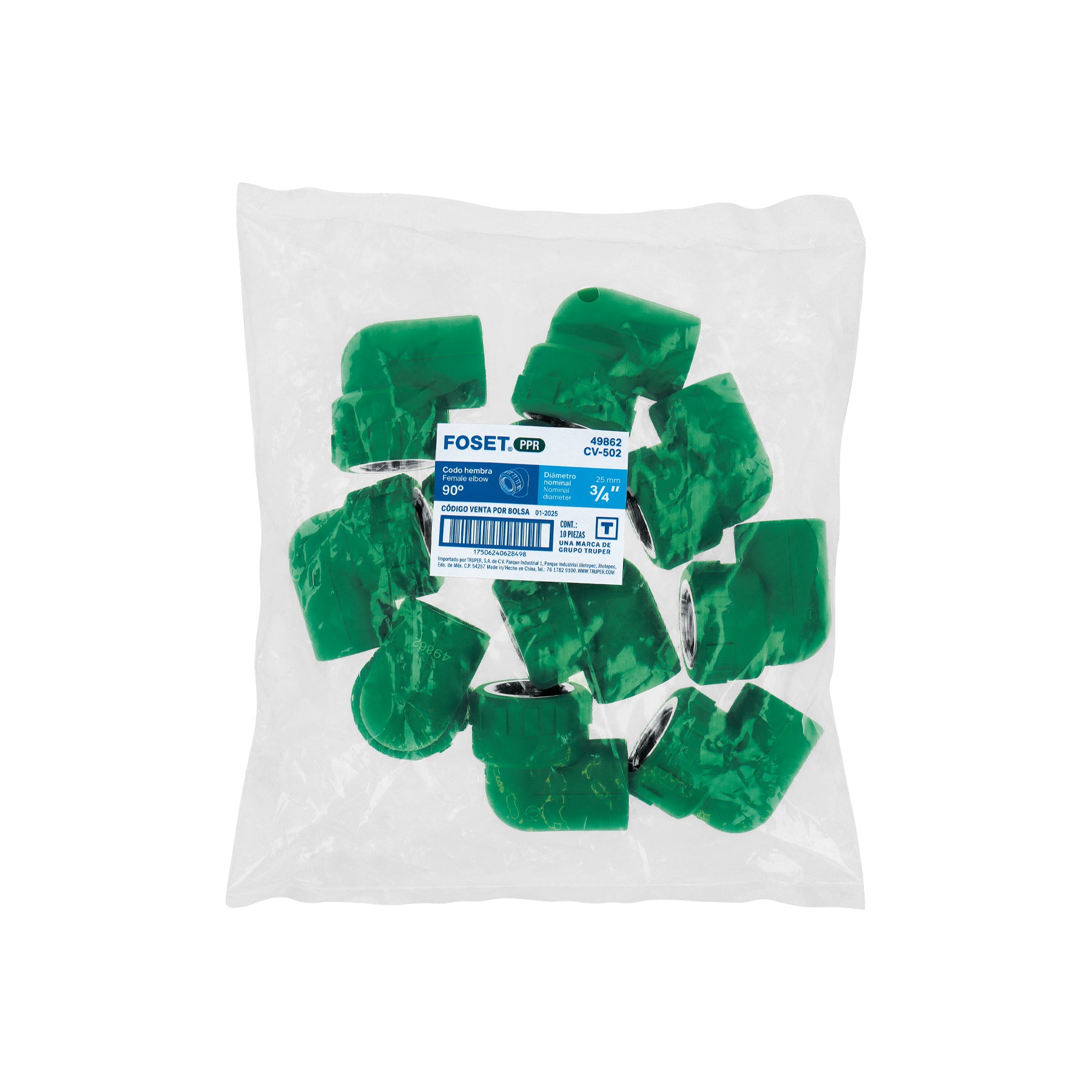 Codo 90° PPR, 3/4", rosca hembra con inserto metálico, FOSET