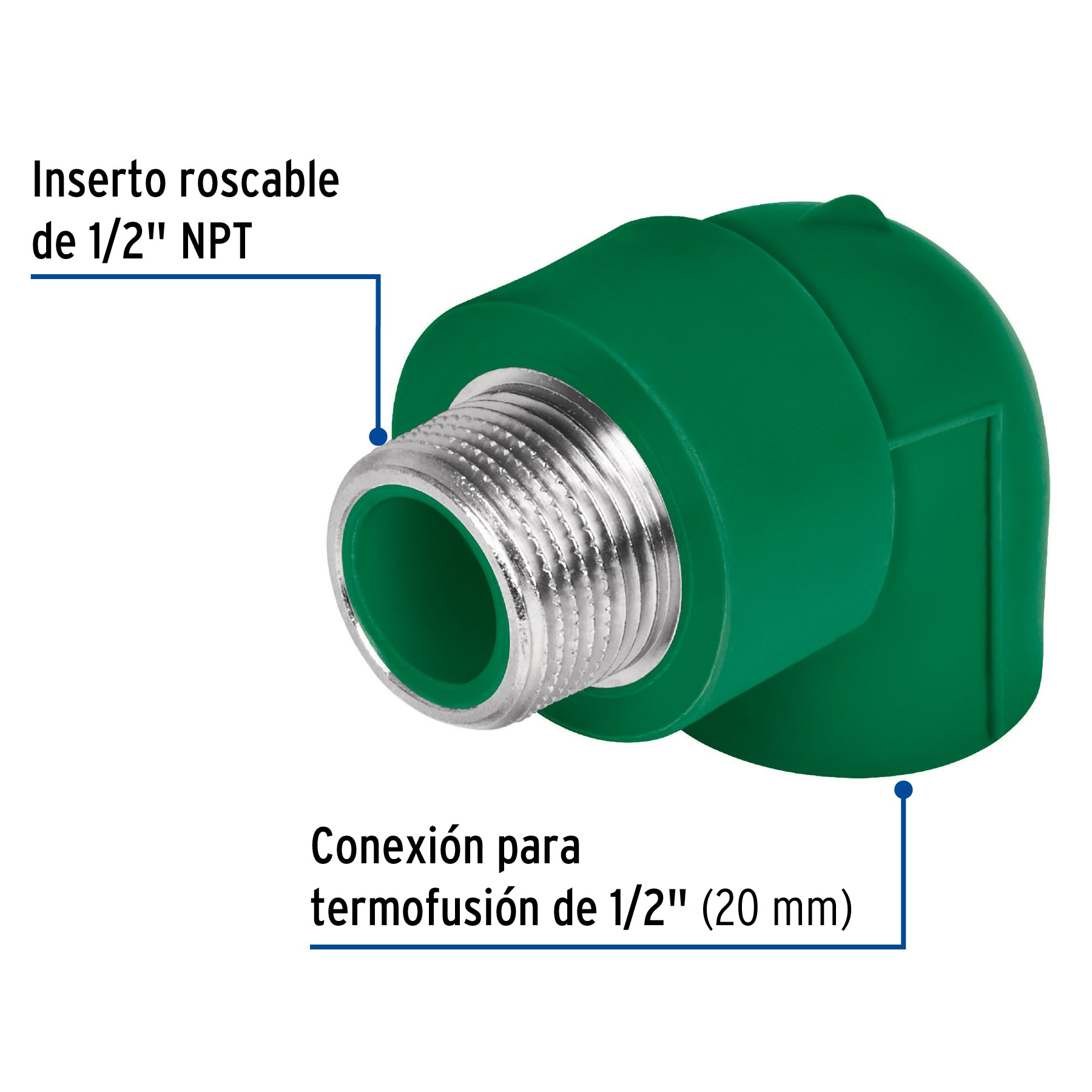 Codo 90° PPR, 1/2", rosca macho con inserto metálico, FOSET