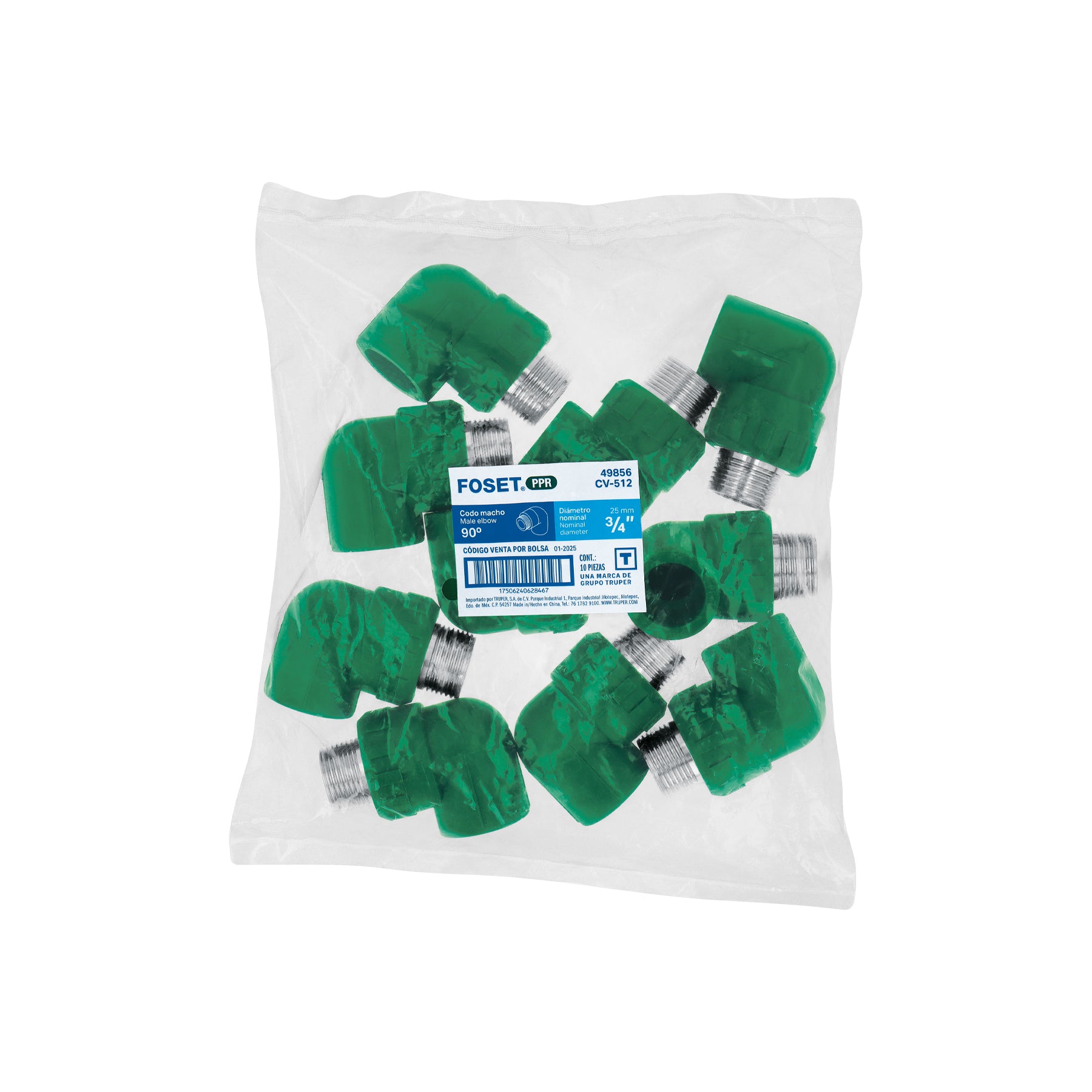 Codo 90° PPR, 3/4", rosca macho con inserto metálico, FOSET