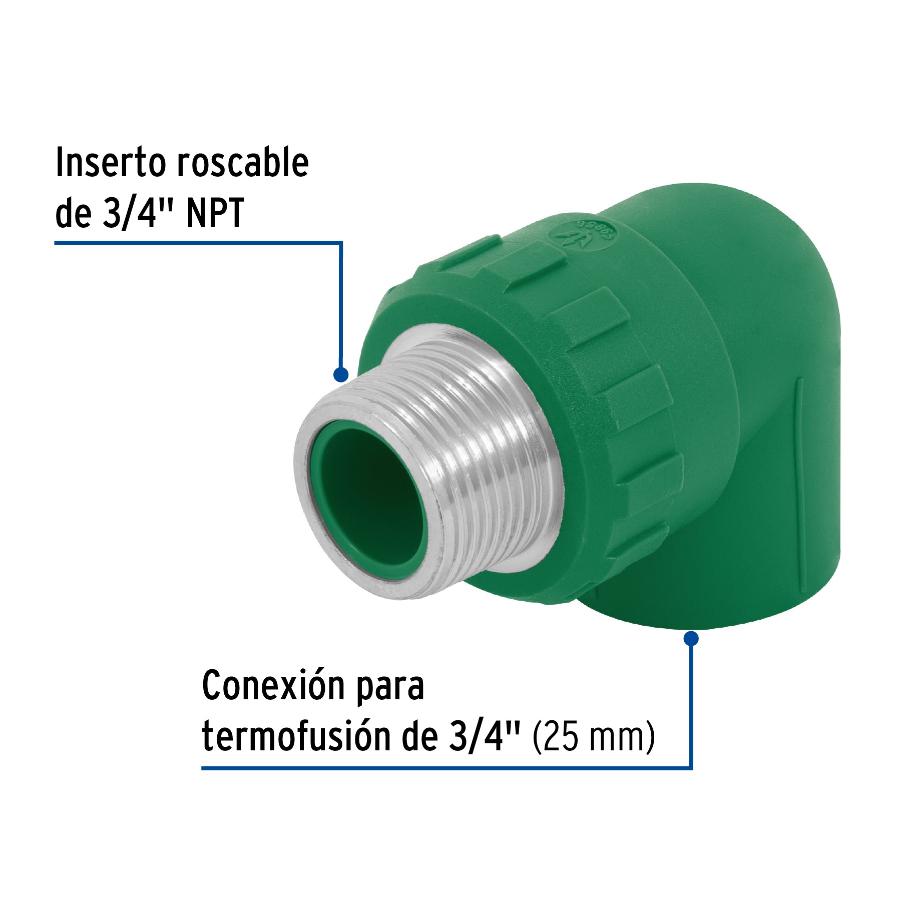 Codo 90° PPR, 3/4", rosca macho con inserto metálico, FOSET