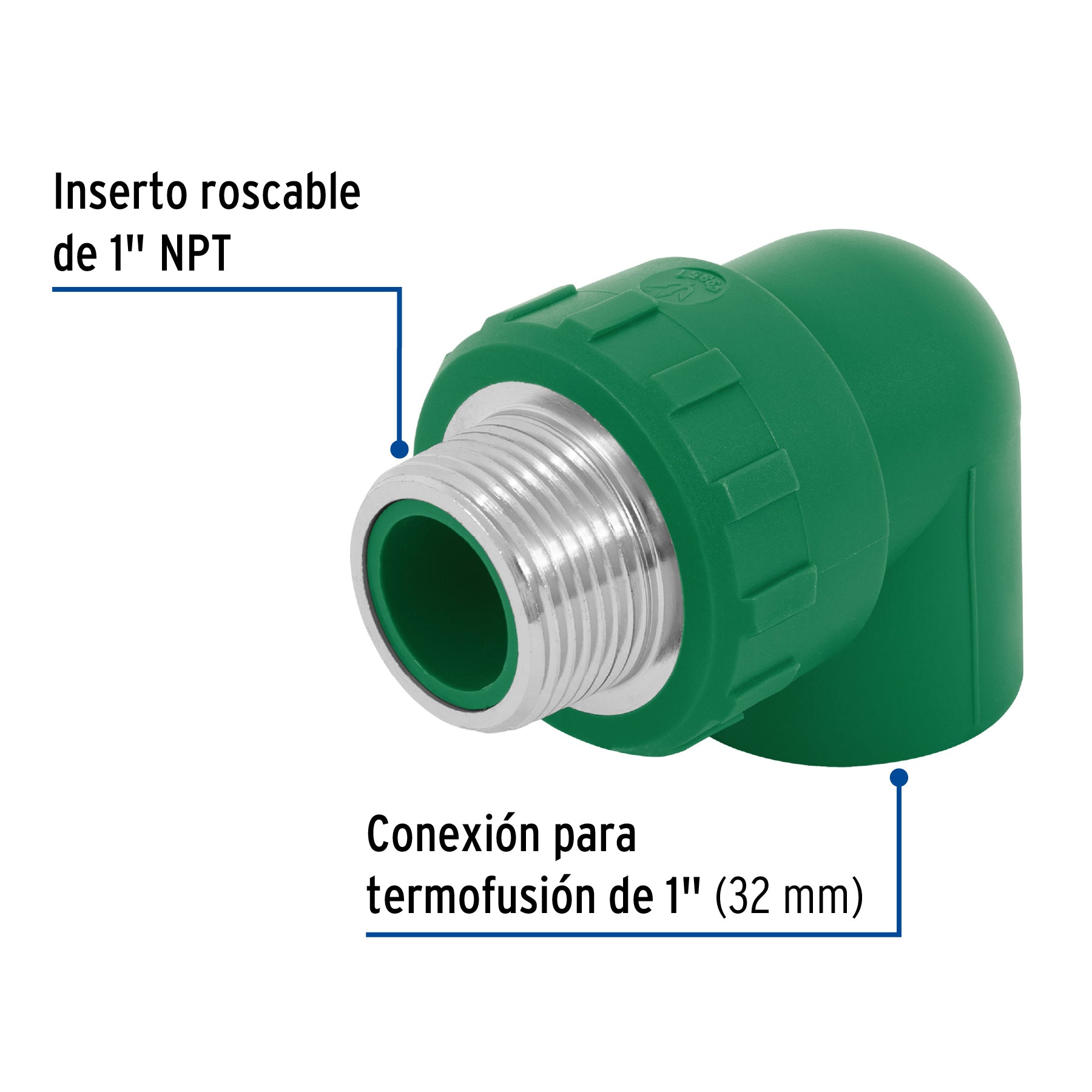 Codo 90° PPR, 1", rosca macho con inserto metálico, FOSET