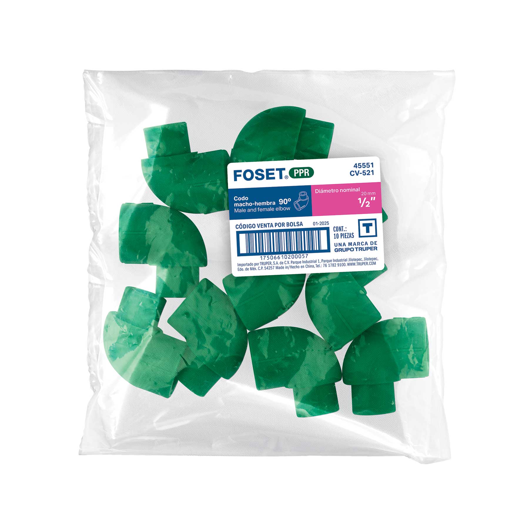 Codo 90° PPR, 1/2", macho-hembra, FOSET