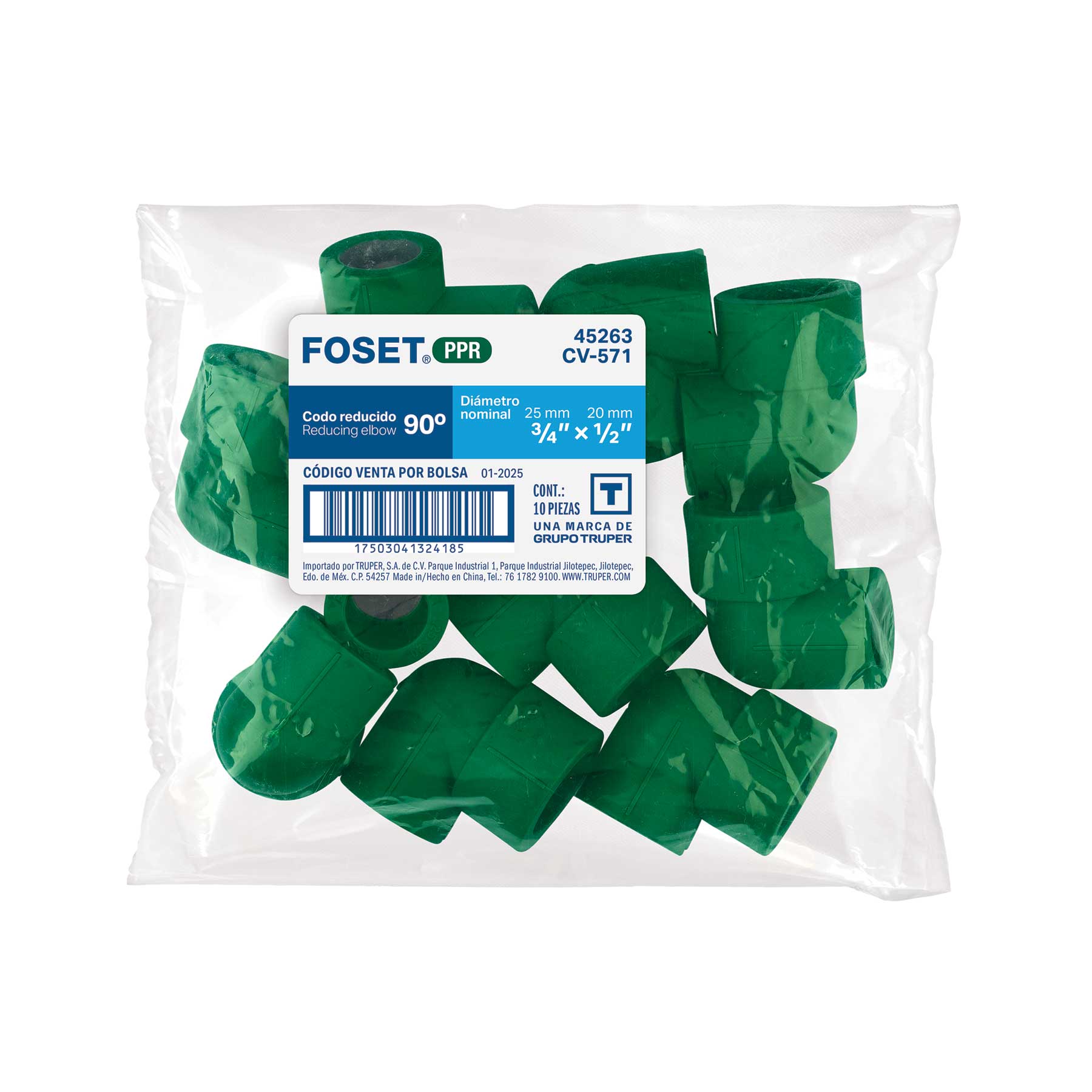 Codo 90° PPR reducido, 3/4" x 1/2", FOSET