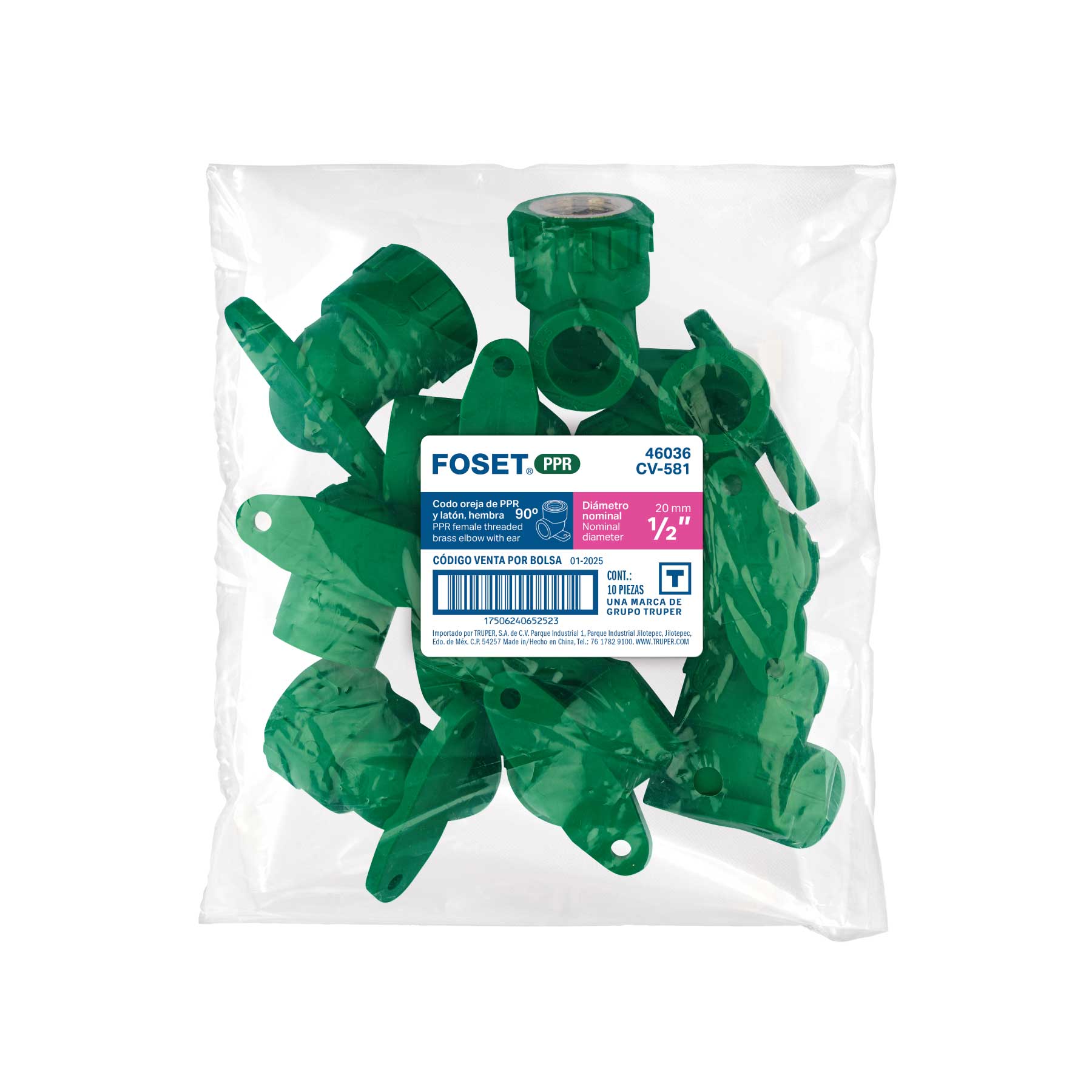 Codo oreja 90° PPR, 1/2", hembra con inserto metálico, FOSET