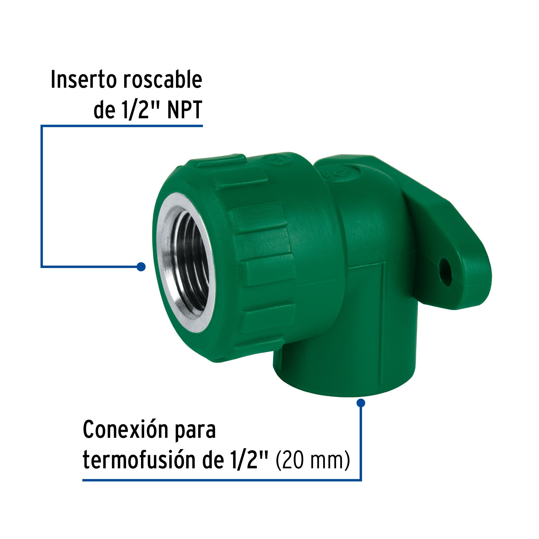 Codo oreja 90° PPR, 1/2", hembra con inserto metálico, FOSET
