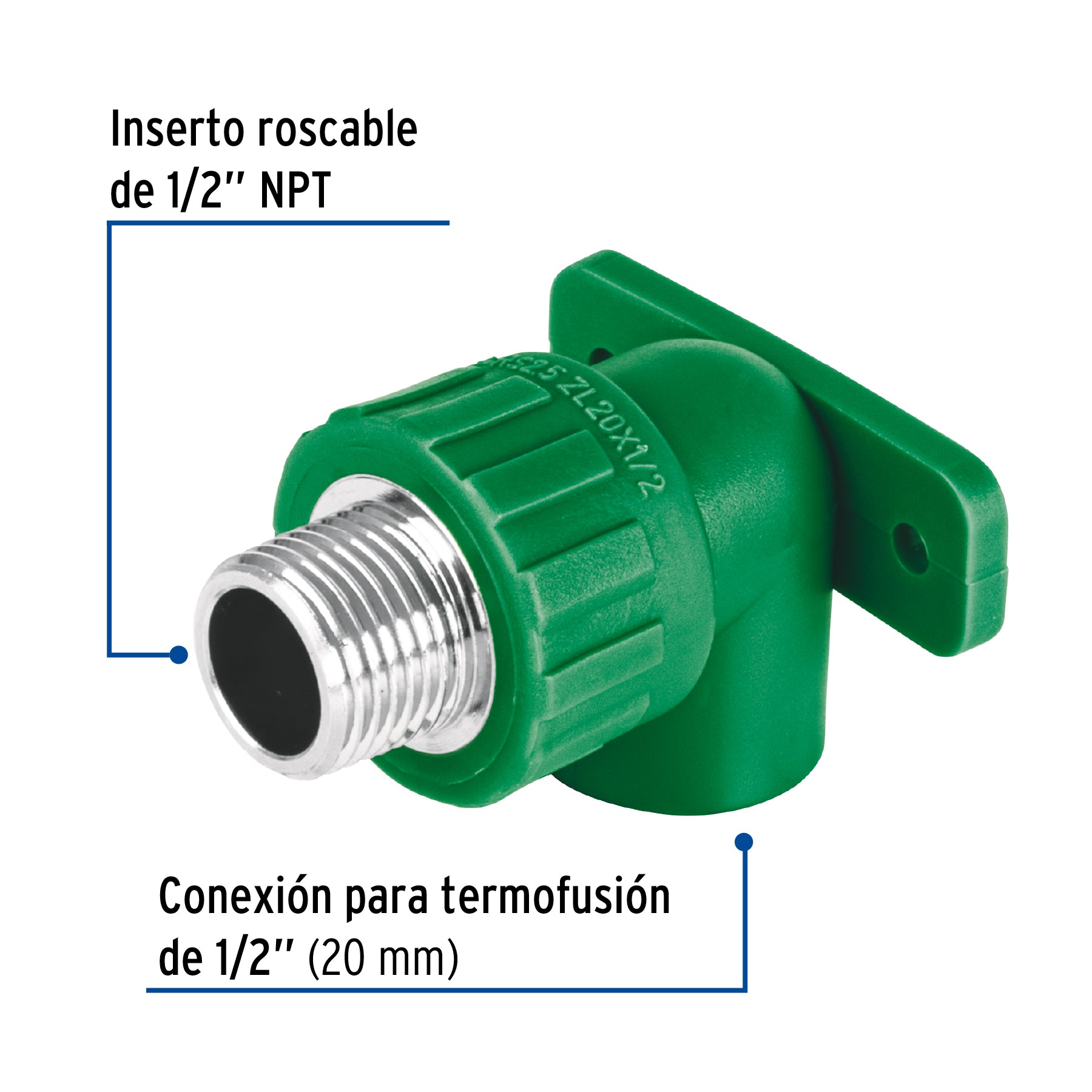 Codo oreja 90° PPR, 1/2", macho con inserto metálico, FOSET
