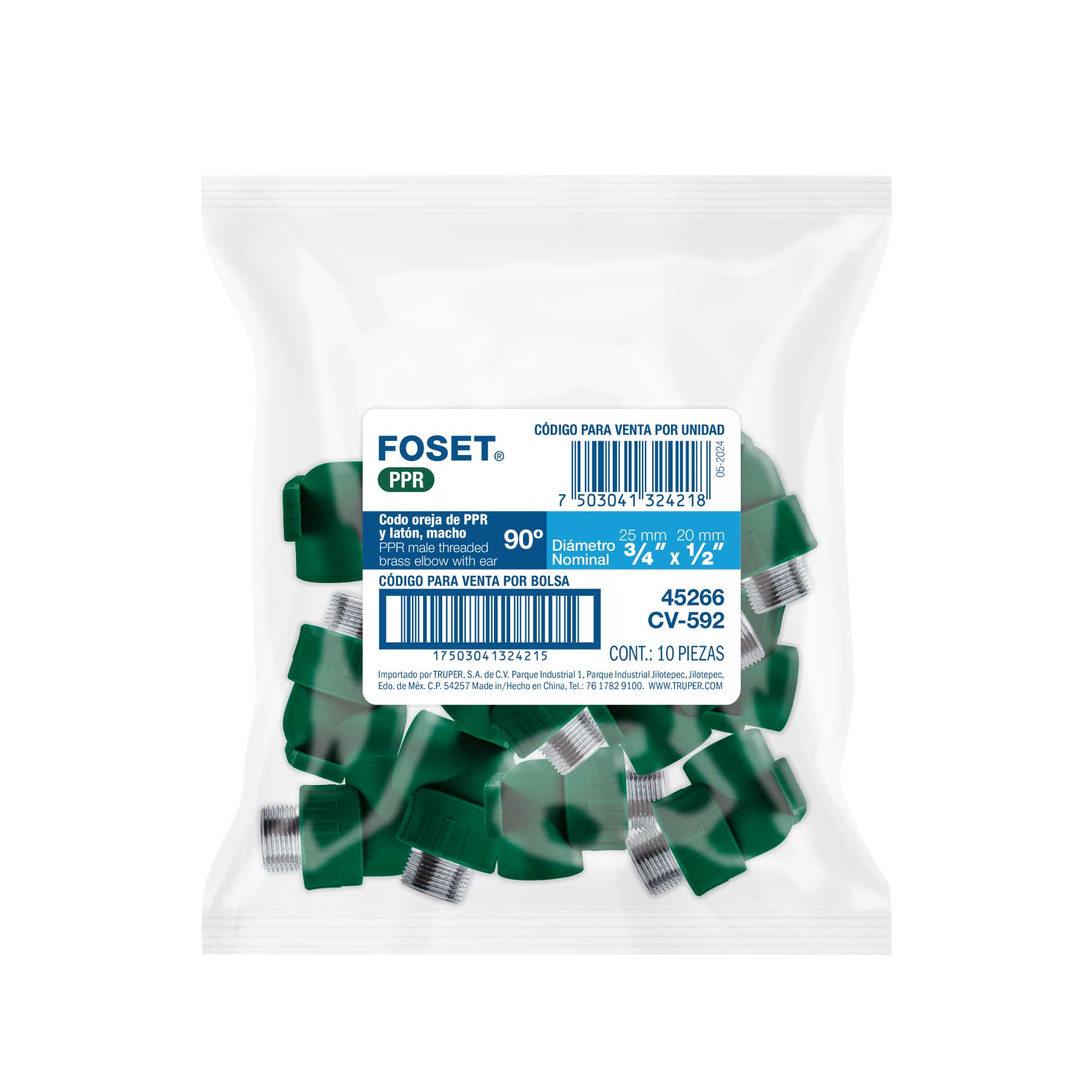 Codo oreja 90° PPR, 3/4", macho con inserto metálico, FOSET