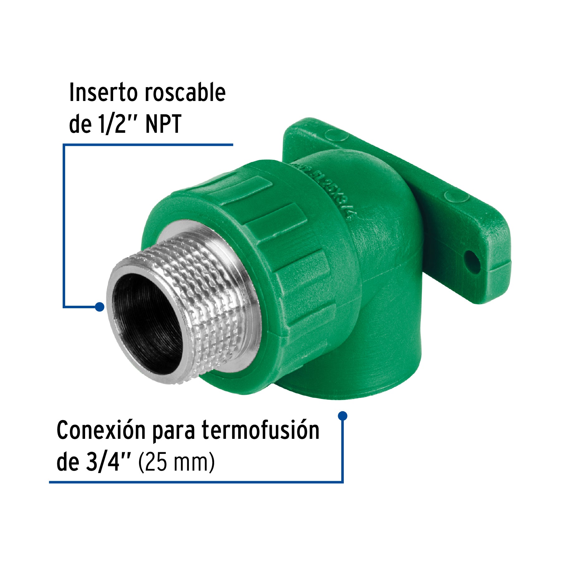 Codo oreja 90° PPR, 3/4", macho con inserto metálico, FOSET