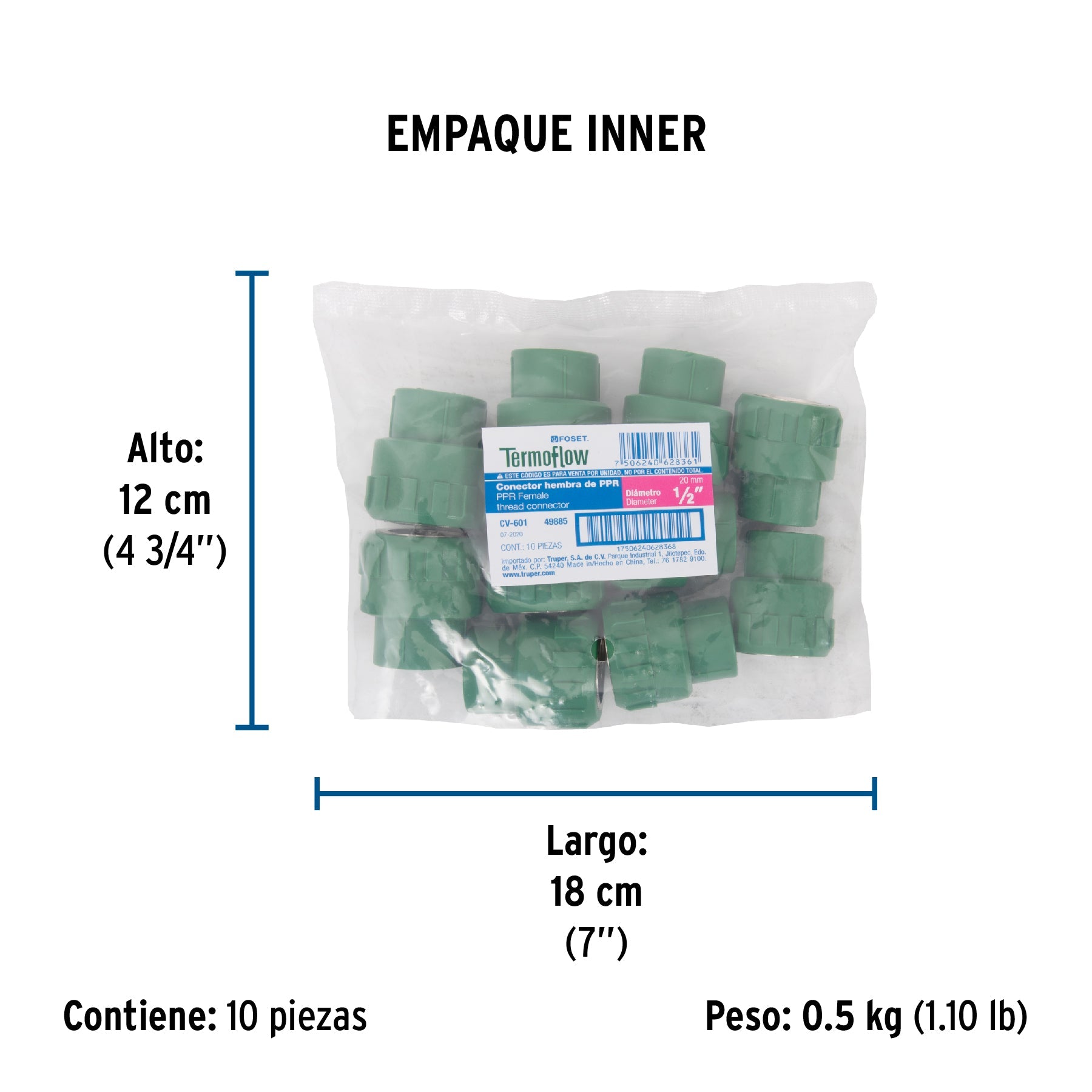 Adaptador PPR 1/2" hembra con inserto metálico, FOSET - Empaque