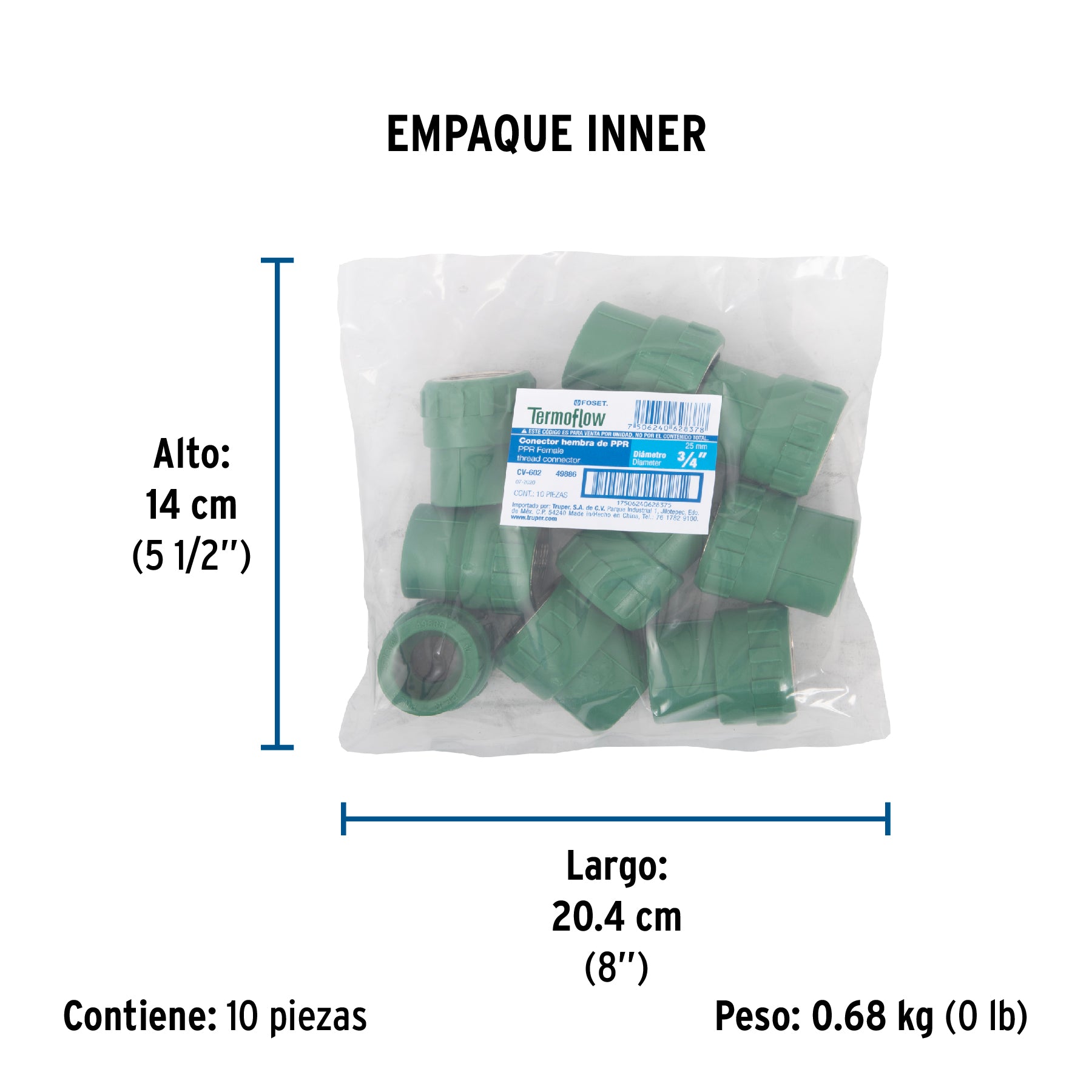 Adaptador PPR 3/4" hembra con inserto metálico, FOSET - Empaque
