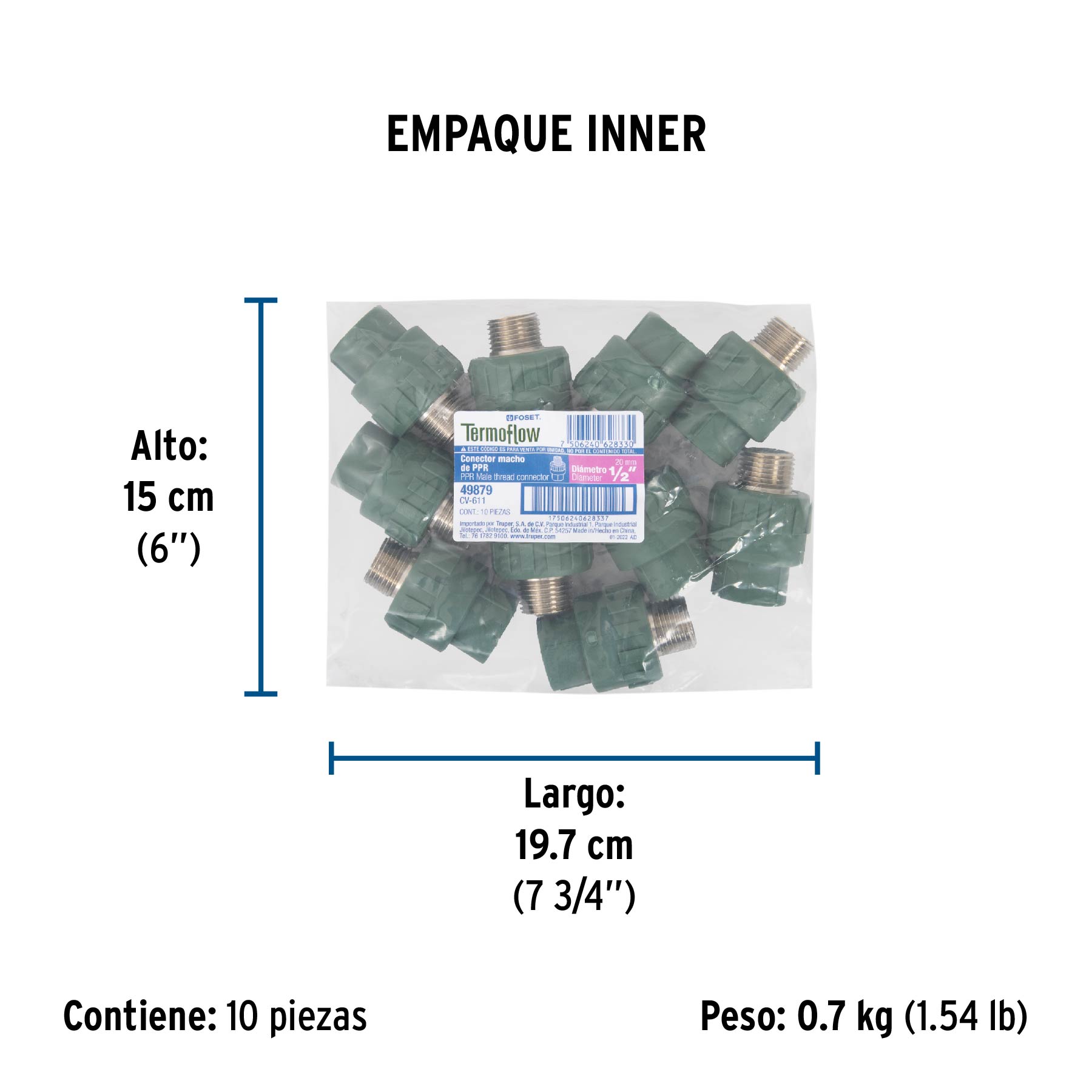 Adaptador PPR 1/2" macho con inserto metálico, FOSET - Empaque