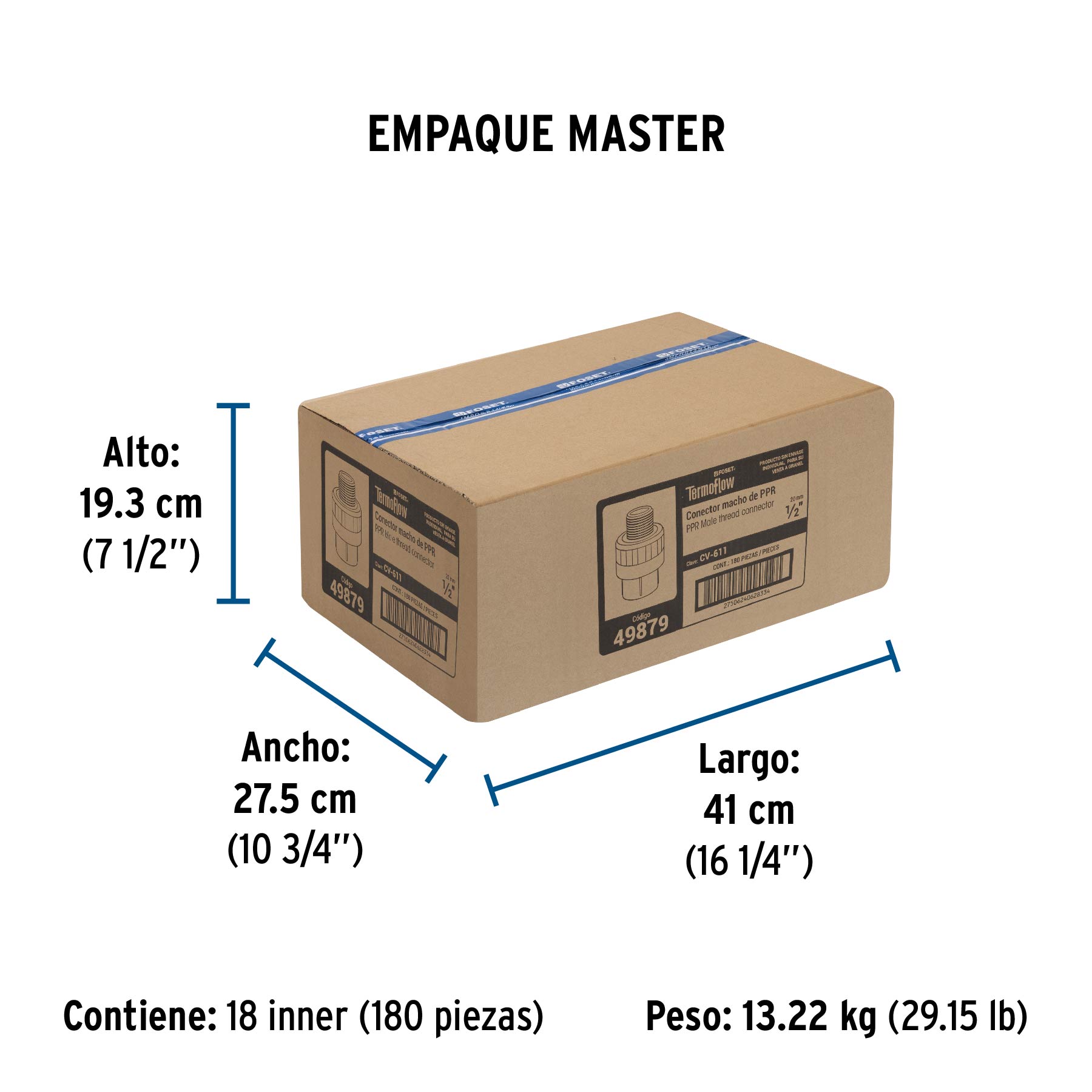 Adaptador PPR 1/2" macho con inserto metálico, FOSET - Empaque