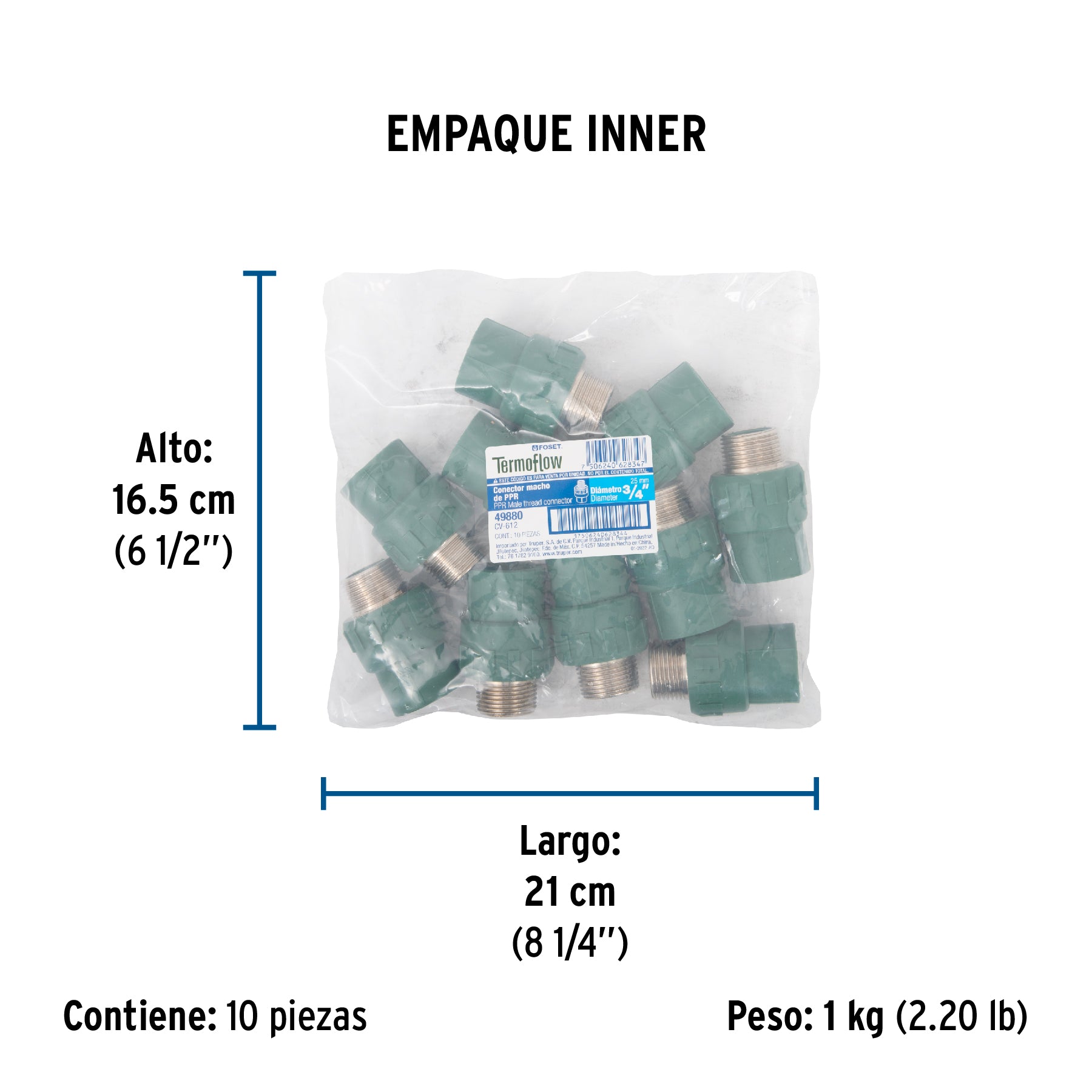 Adaptador PPR 3/4" macho con inserto metálico, FOSET - Empaque