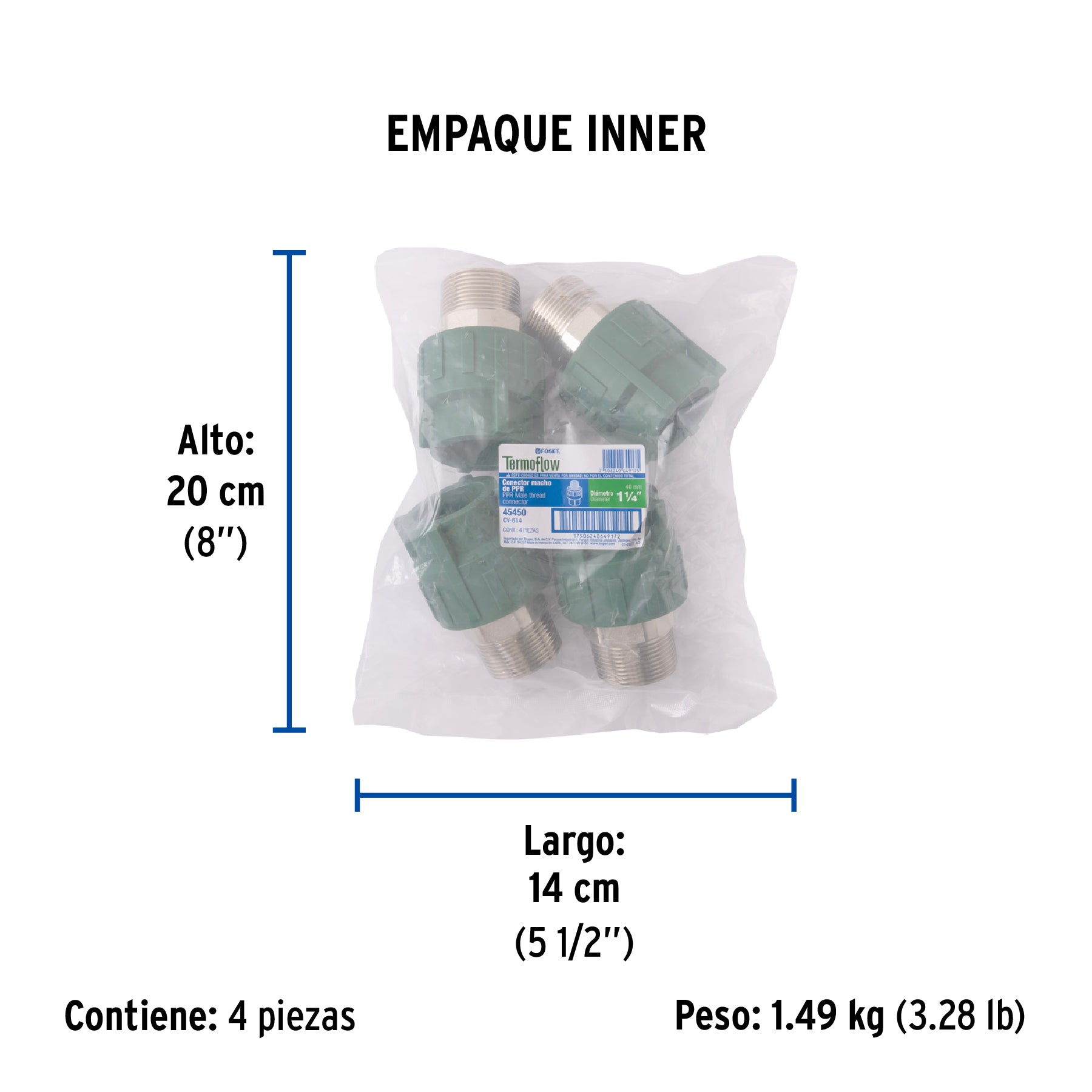 Adaptador PPR 1-1/4" macho con inserto metálico, FOSET - Empaque