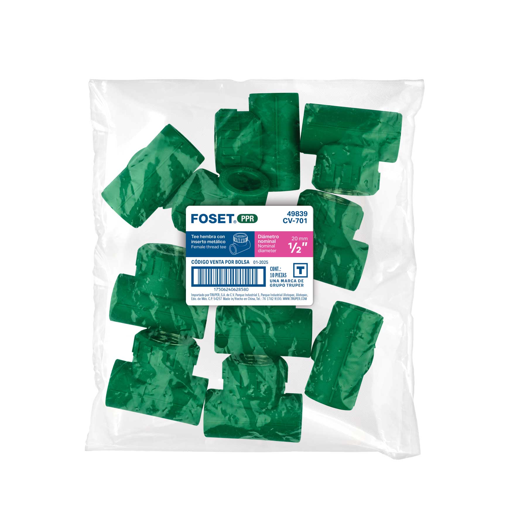 Tee hembra de PPR 1/2" con inserto metálico, FOSET