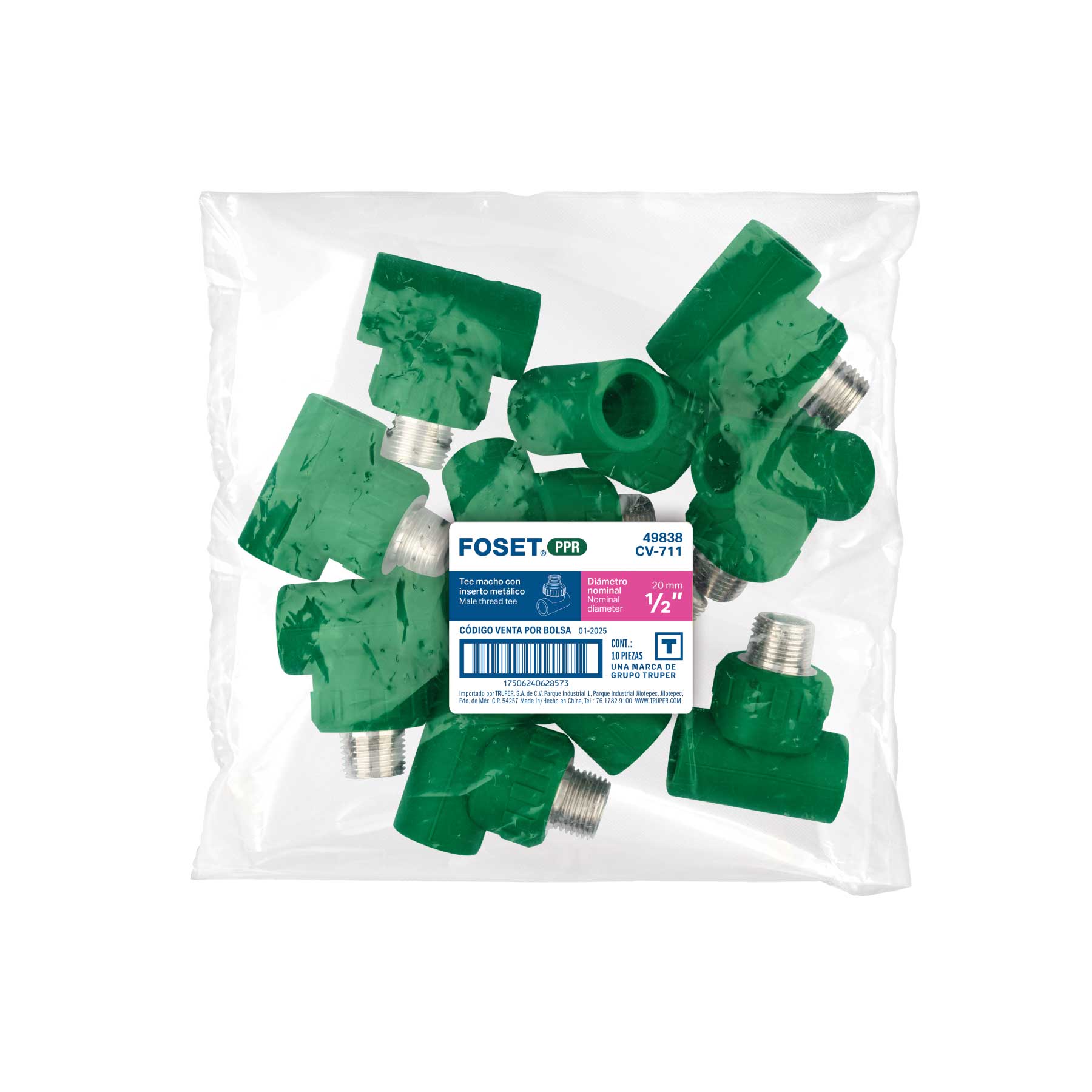 Tee macho de PPR 1/2" con inserto metálico, FOSET
