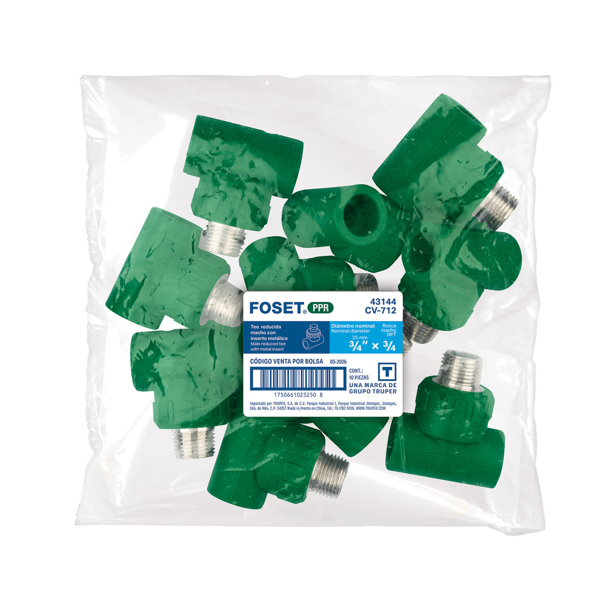 Tee macho de PPR 3/4" con inserto metálico, FOSET