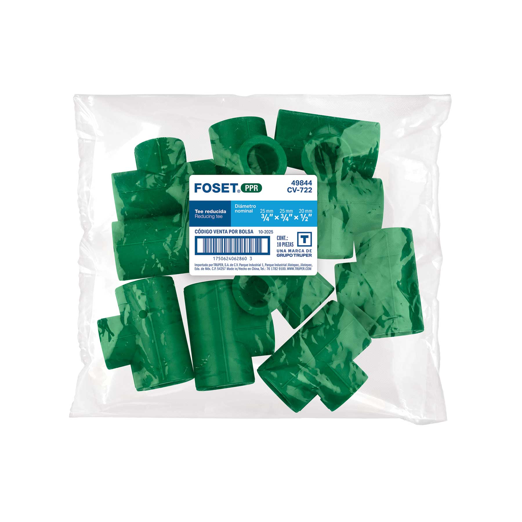Tee reducida de PPR 3/4" x 3/4" x 1/2", FOSET