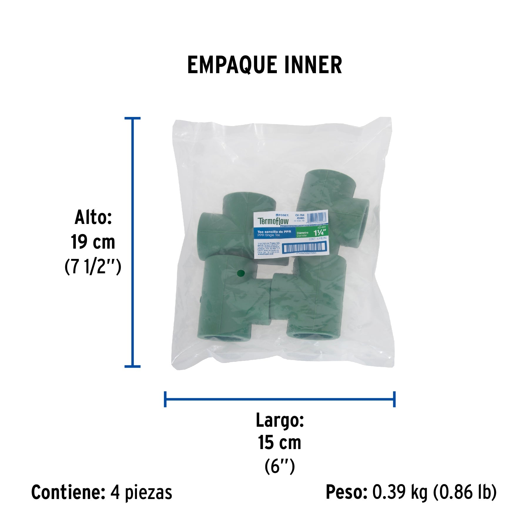 Tee sencilla de PPR 1-1/4", FOSET - Empaque