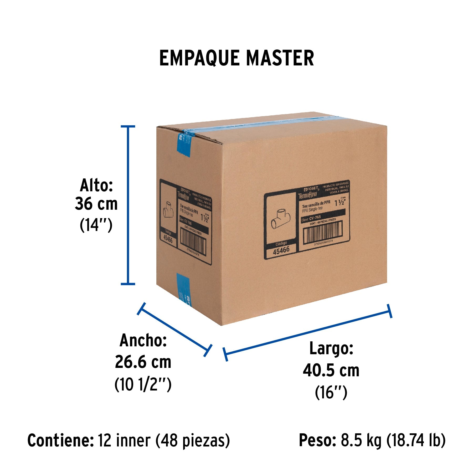 Tee sencilla de PPR 1-1/2", FOSET - Empaque