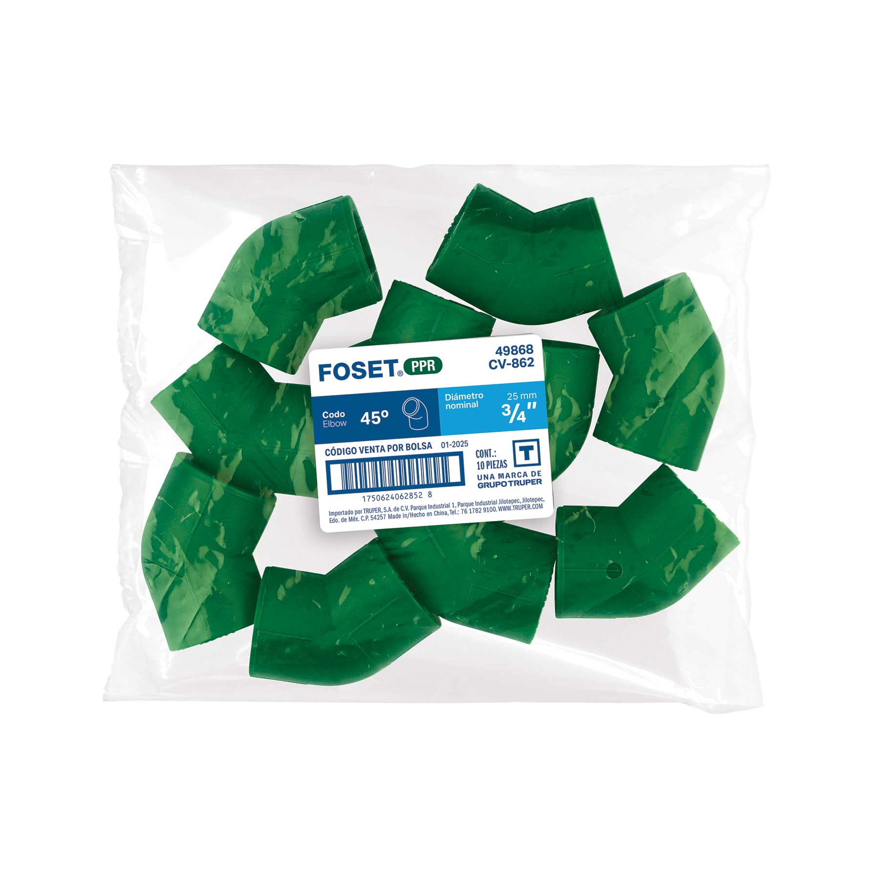 Codo 45° de PPR, 3/4" (25mm), FOSET