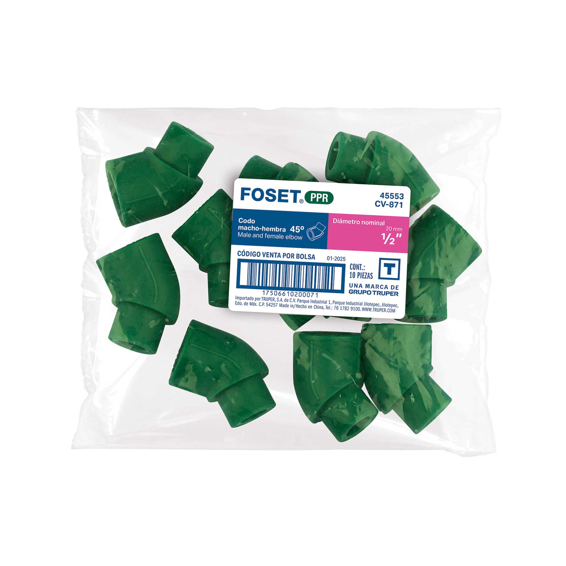 Codo 45° de PPR, 1/2" (20mm), macho-hembra, FOSET