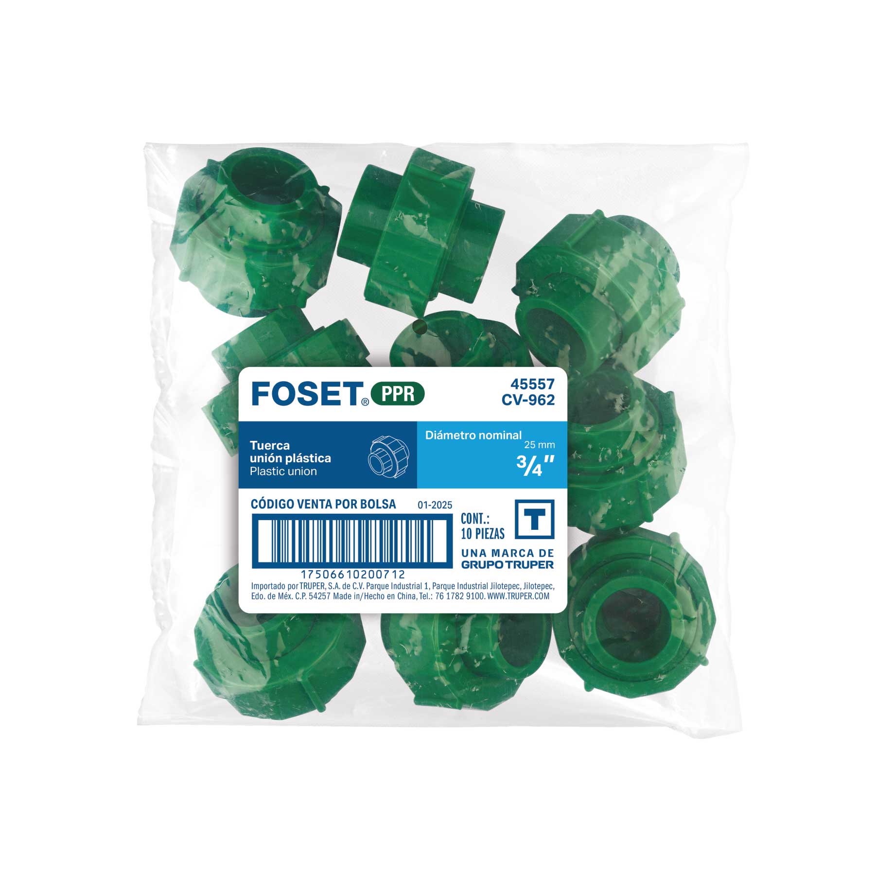 Tuerca unión PPR, plástica, 3/4", FOSET