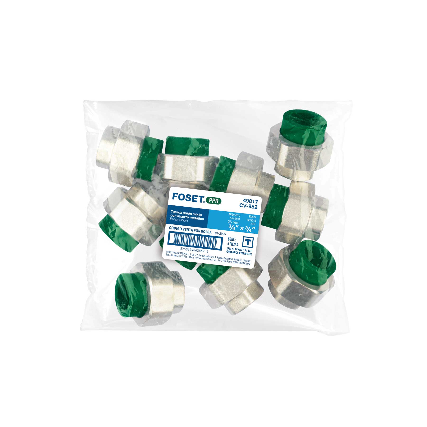 Tuerca unión PPR, mixta inserto metálico, 3/4", FOSET
