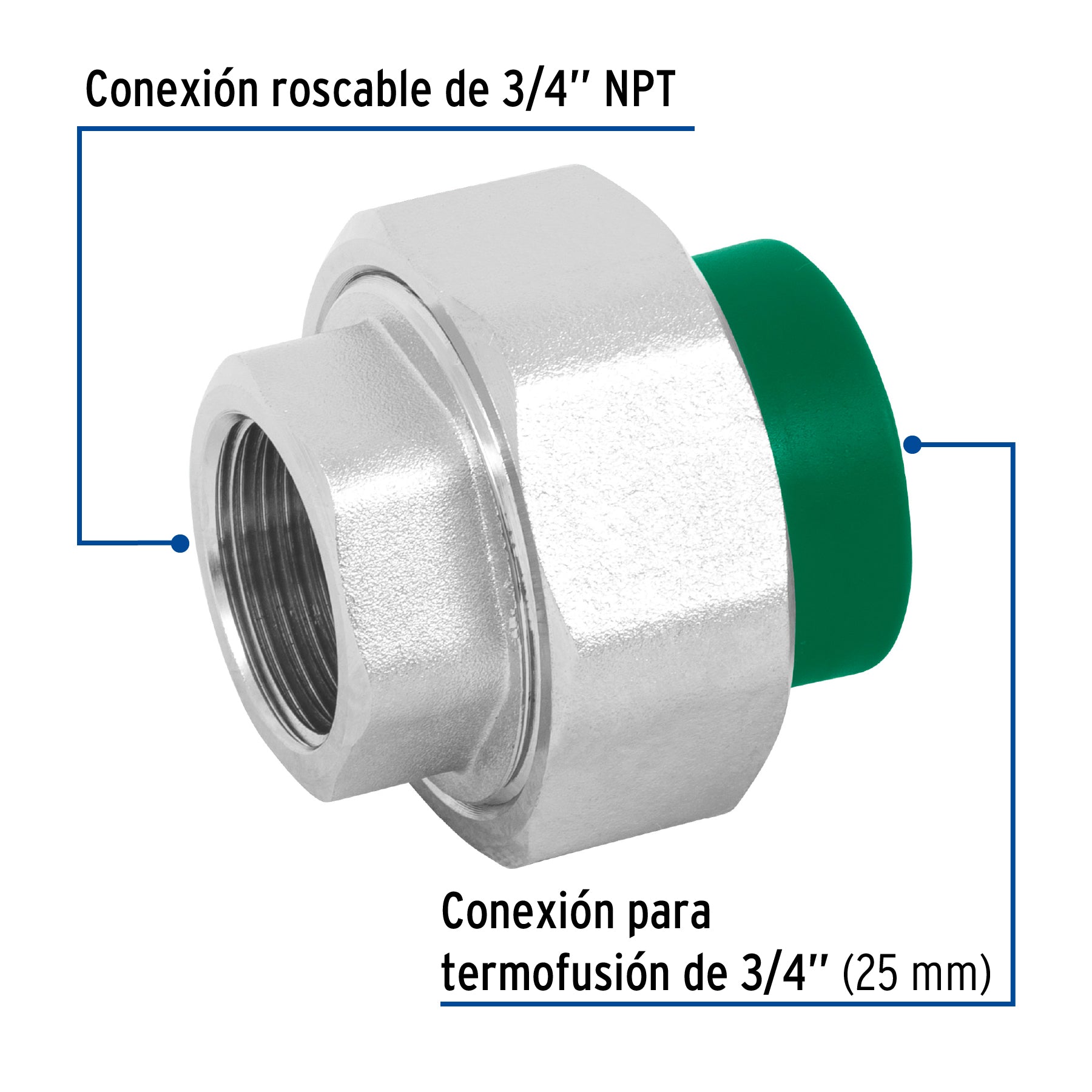 Tuerca unión PPR, mixta inserto metálico, 3/4", FOSET